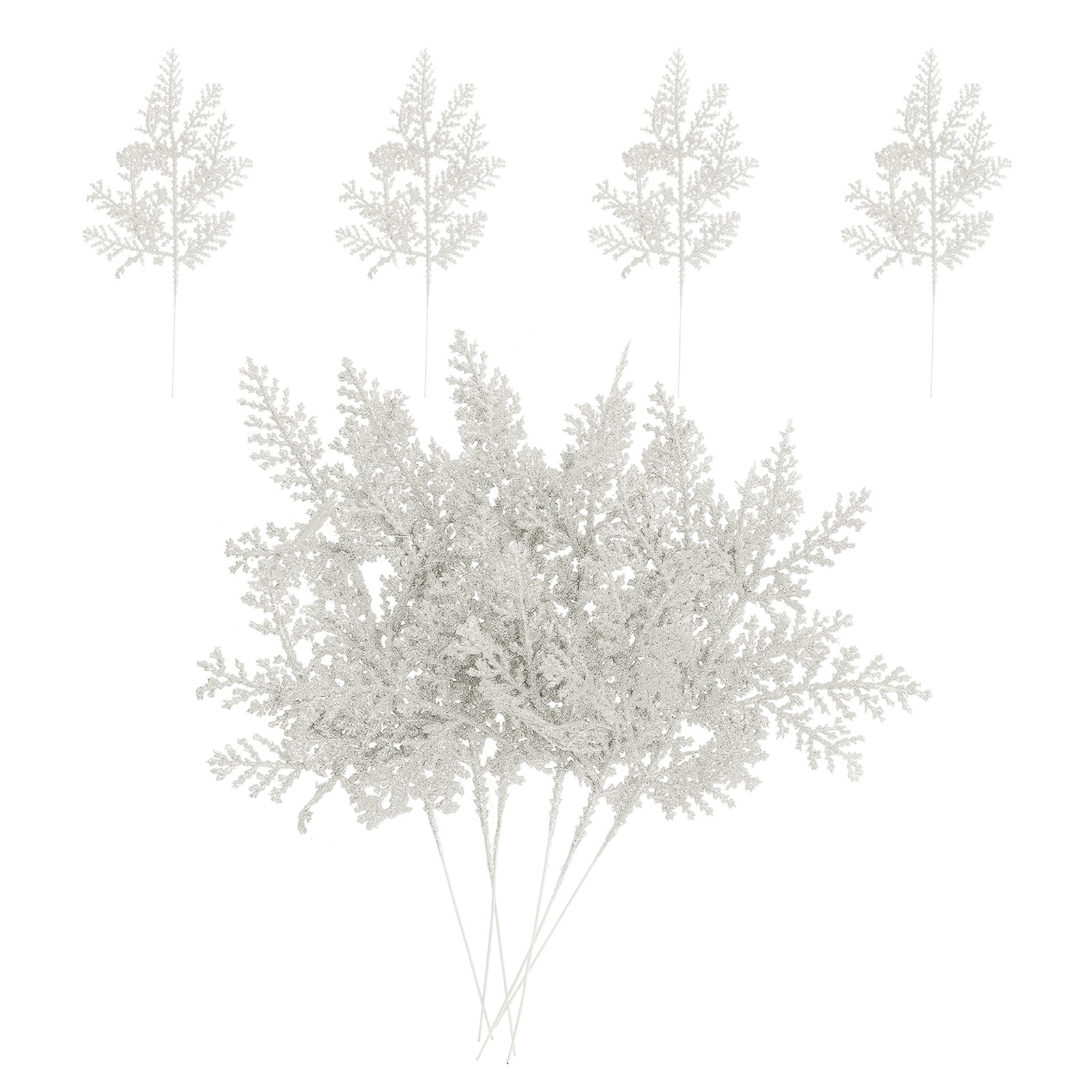 10 Pcs Glitter Artificial Pine Needles, Glitter Pine Stems White