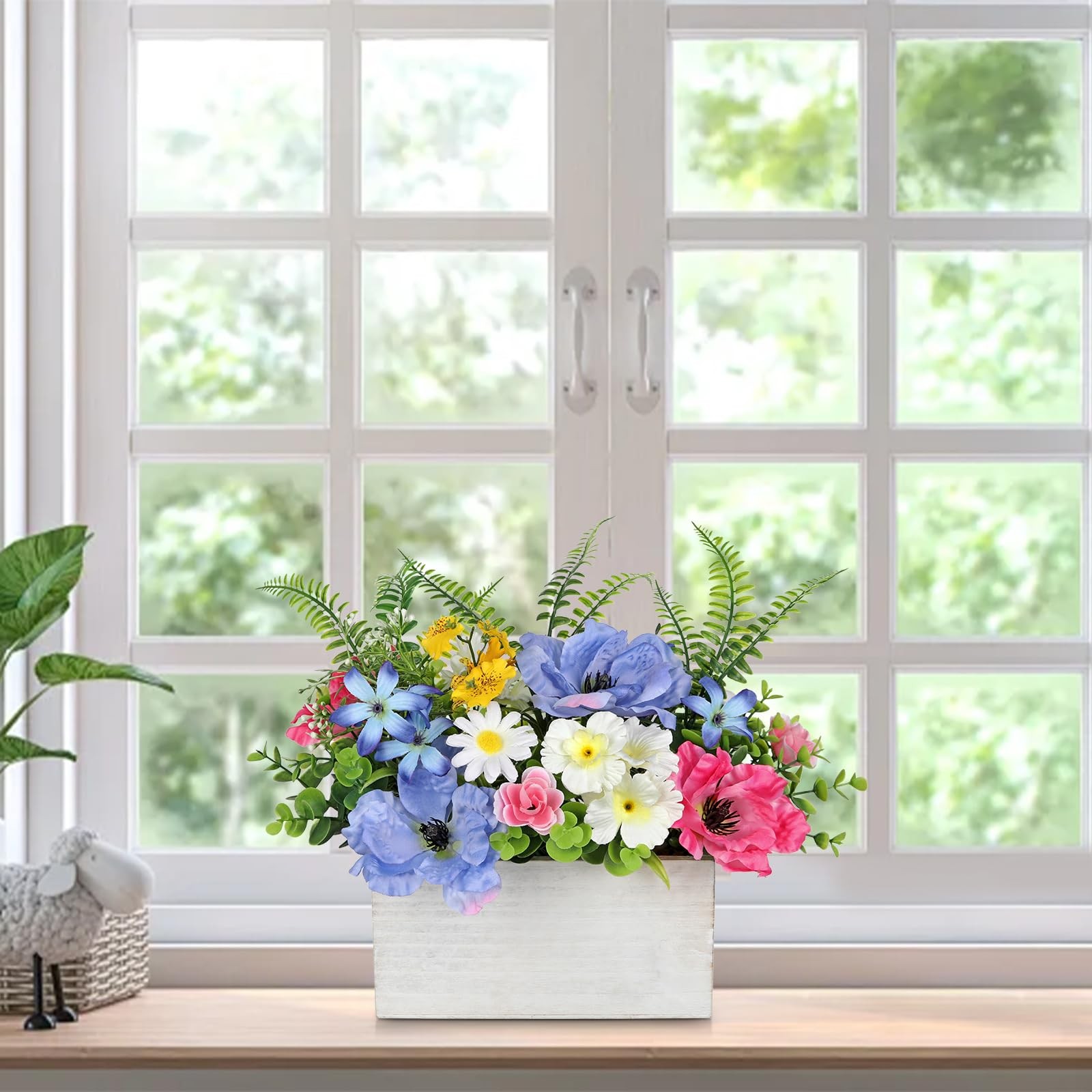 Table Floral Arrangement Centerpiece, Artificial Flowers in Wooden Vase, Silk…
