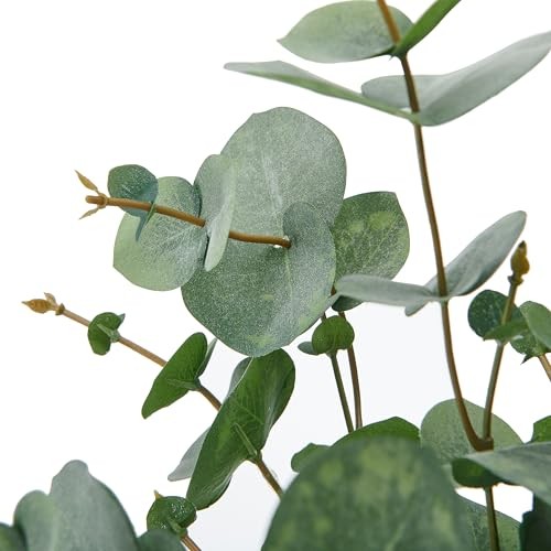 Artificial Arrangement in White Ceramic Vase, Realistic Look and Eucalyptus