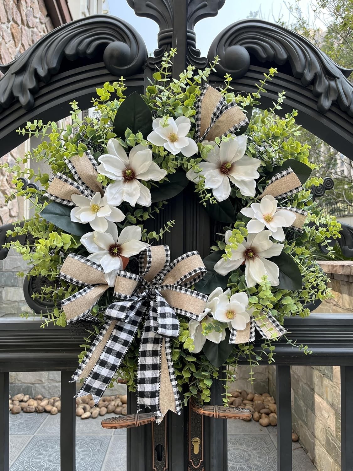 24 Inch Magnolia Wreath Farmhouse Door Decor Greenery Buffalo Plaid Bow
