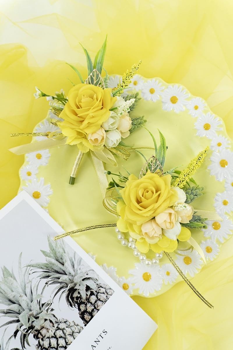 2 Pcs Wrist Corsage and Boutonniere Set, Yellow Corsage for Wedding, Boutonni