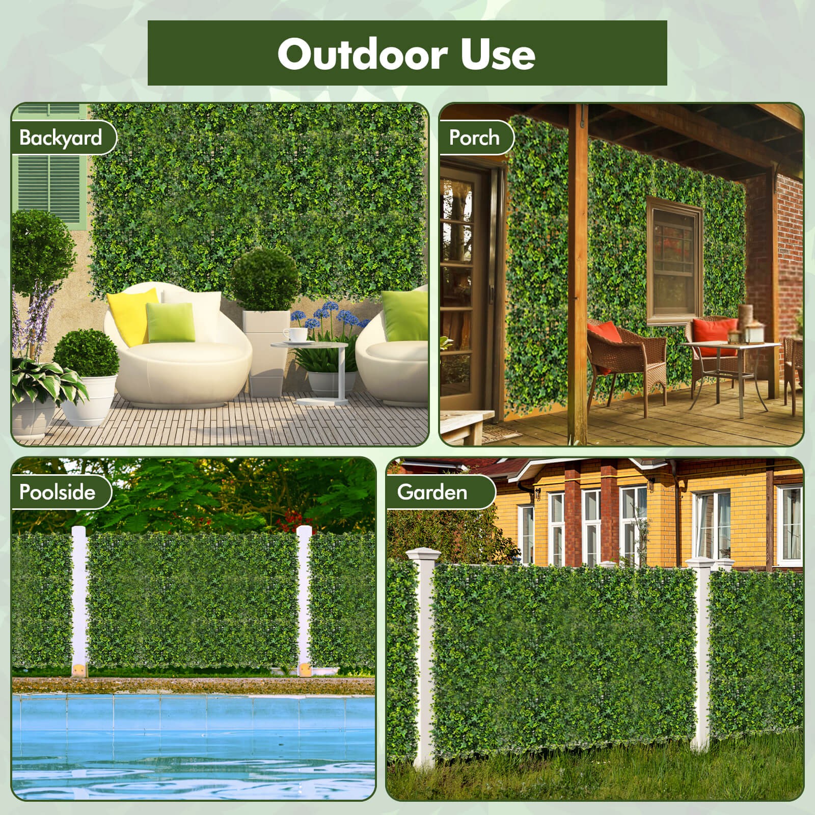 12 Pcs 20″ x 20″ Faux Greenery Foliage Panels w/Insertable Branches for Backyard