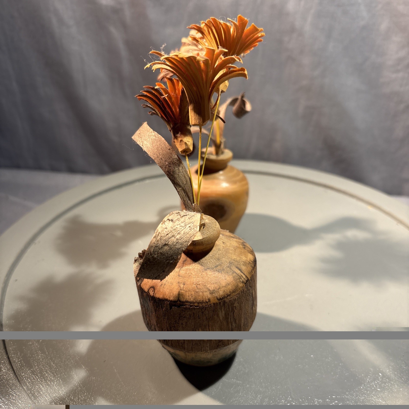 Set Of 2 ~ Wood Shaving Artificial Flowers in wood vase 6″ H Brown Orange Beige