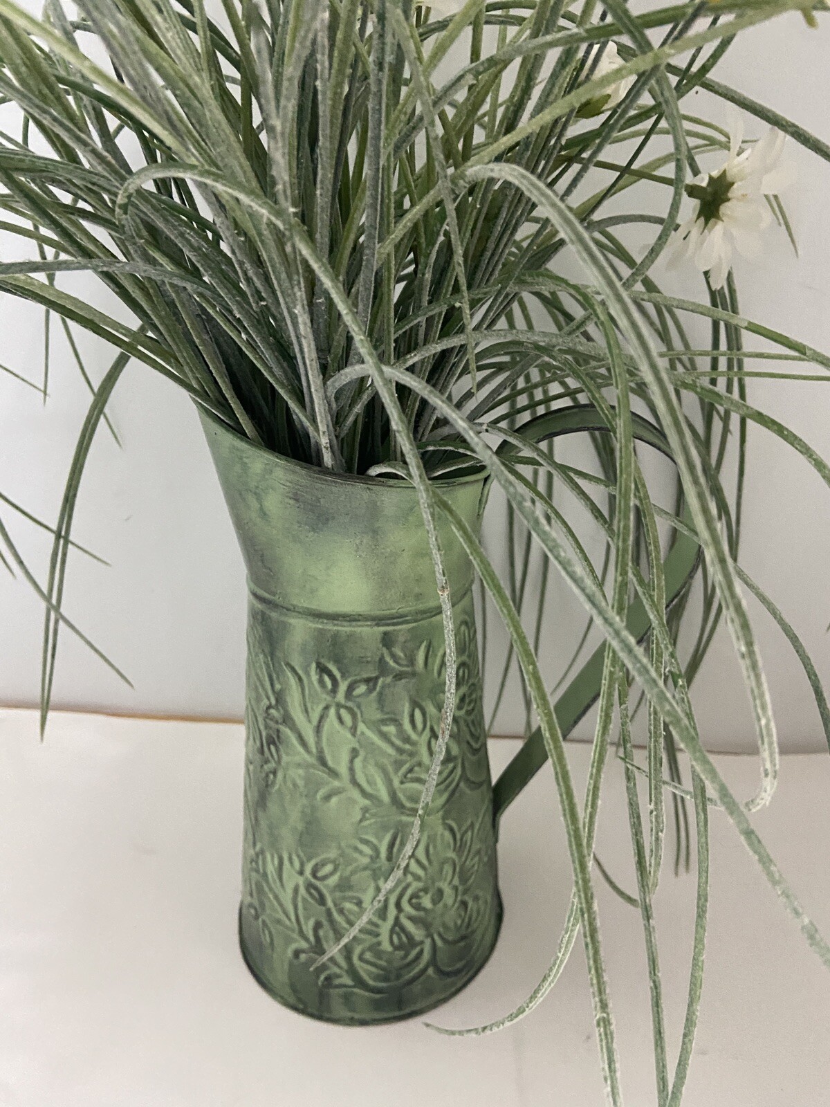 Silk Flowers in a Green Metal Pitcher 18 inches high