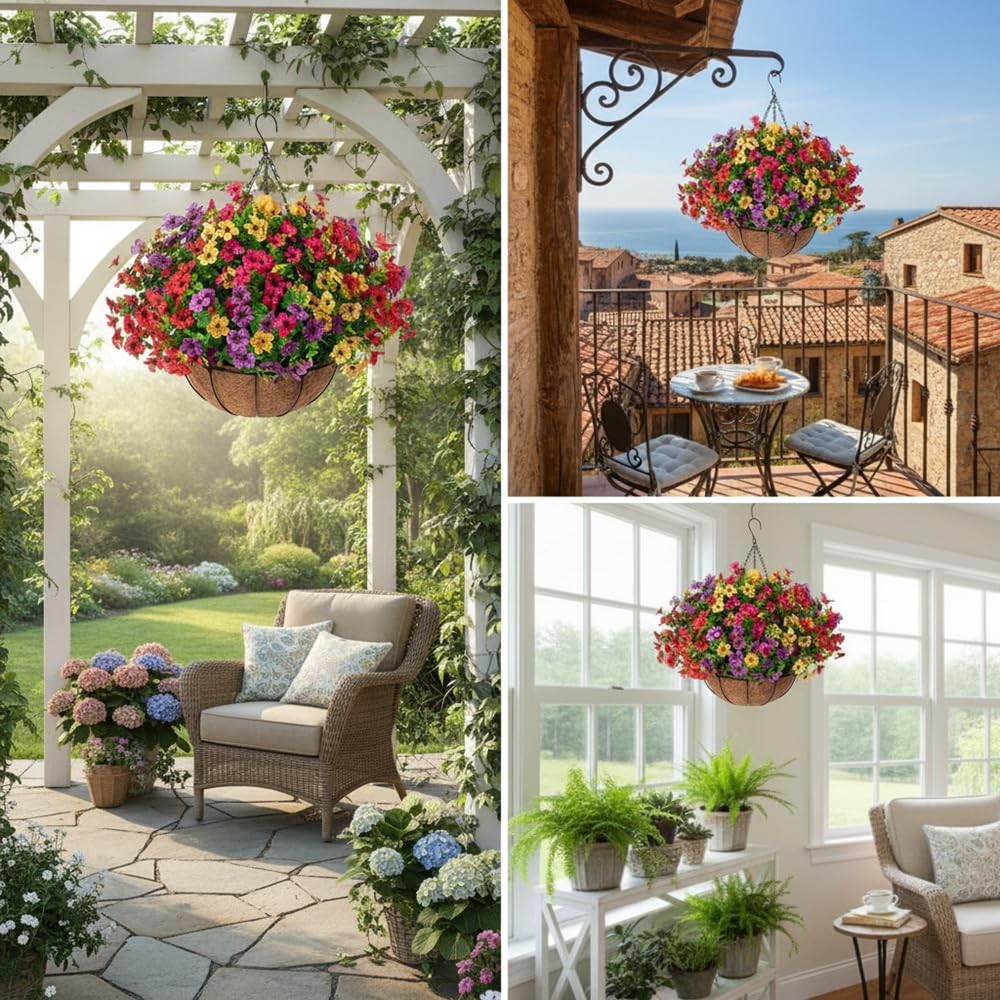 Artificial Outdoor Hanging Flower Basket Faux Silk UV Resistant Spring Summer…