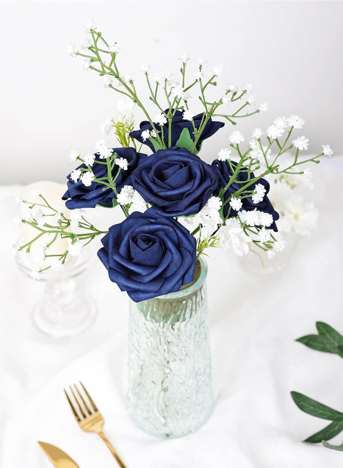 25 PCS Navy Blue Artificial Foam Roses Real Touch Fake Flower Wedding Bridal