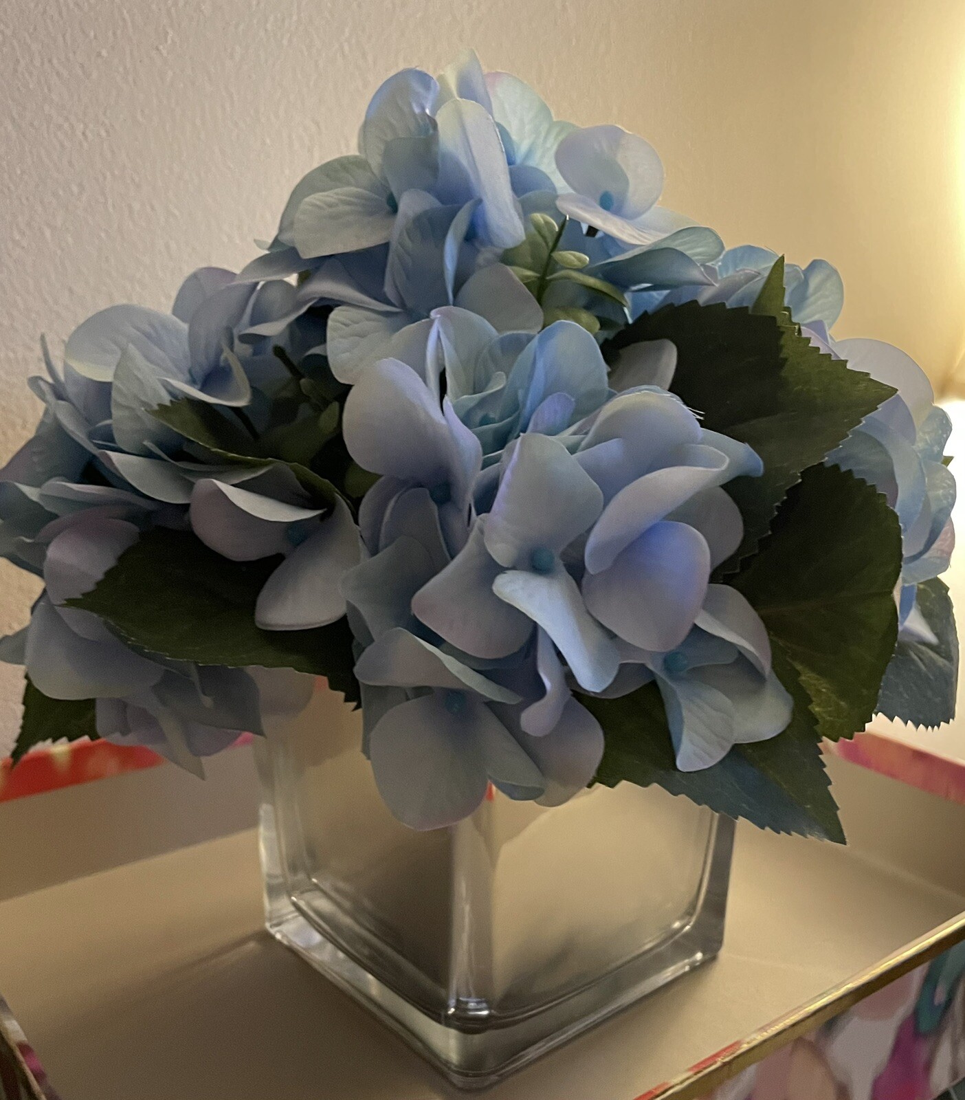 NWOT 10” Faux Blue Hydrangea Arrangement in Silver Mercury Glass Vase Lovely!