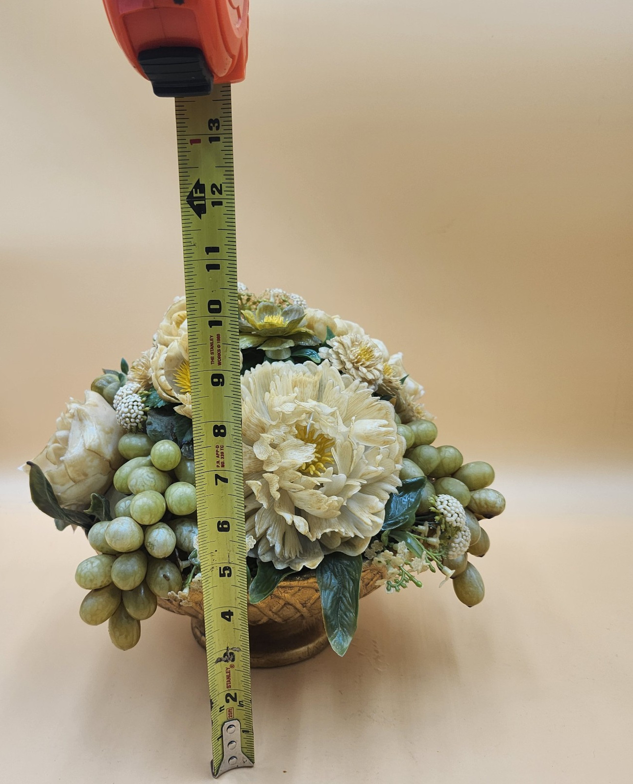 Vintage gold bowl artificial flower fruit arrangement white green Mid Century