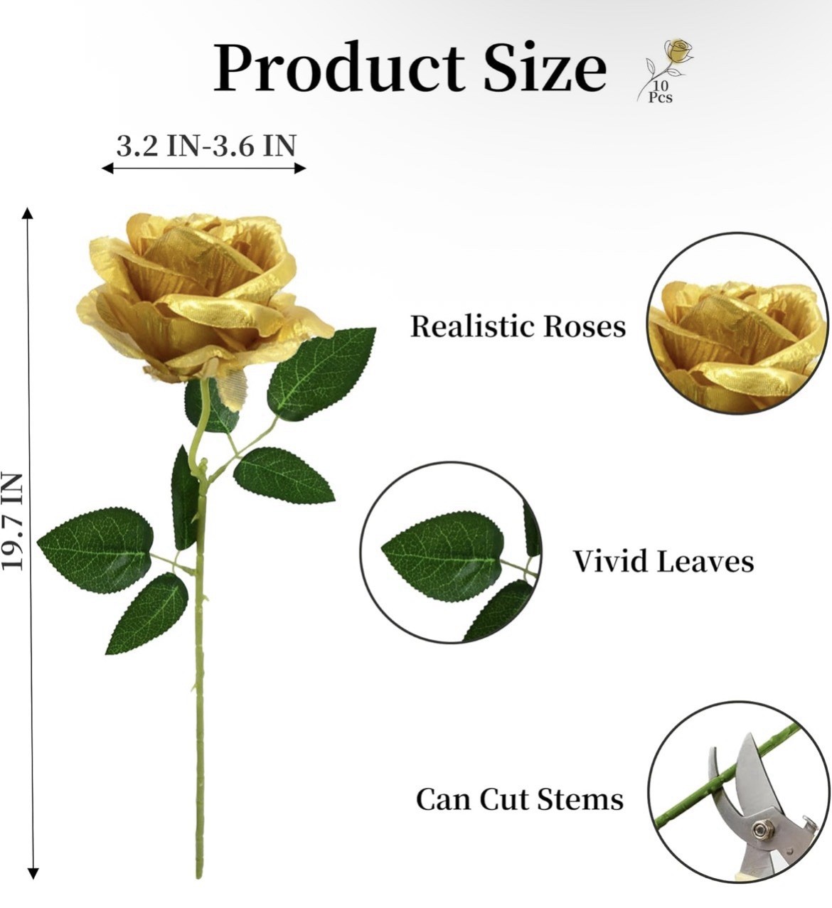 10 Pcs Gold Rose Artificial Flower, Faux Silk Flowers With Long Stems, Fake…