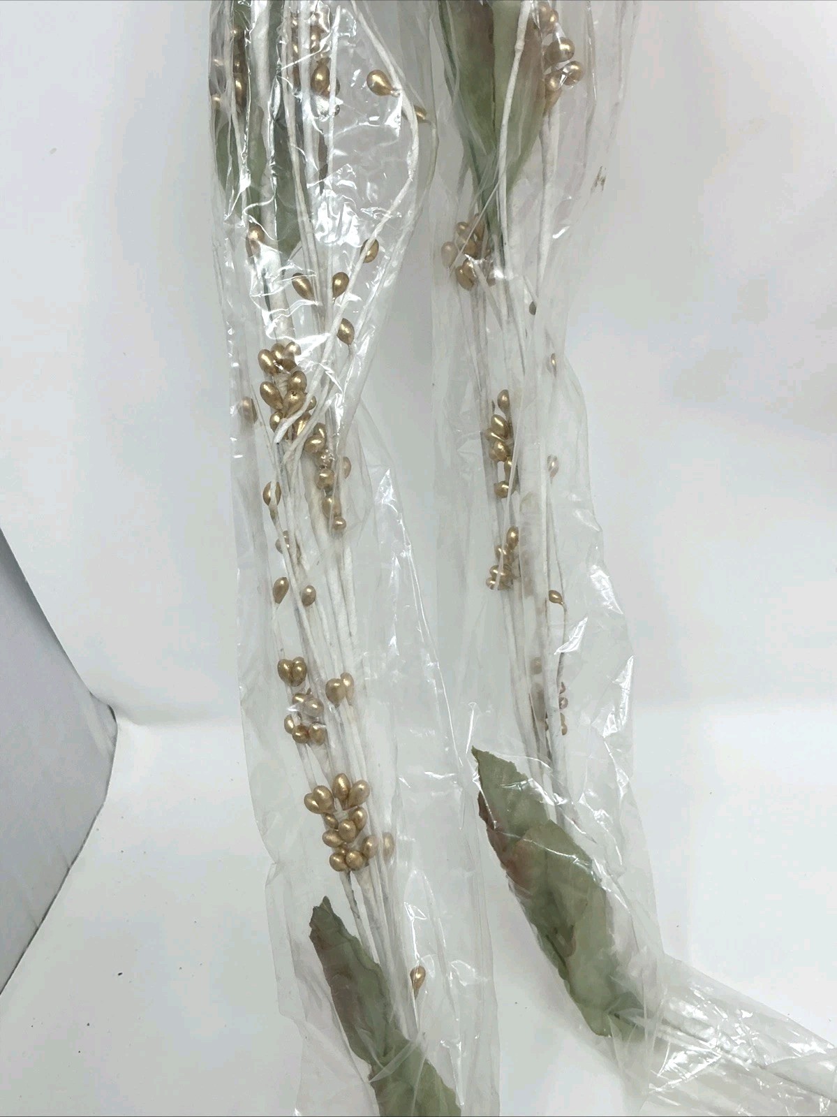 White Twig Branch Gold Berries Green Leaf Floral Pick 46” Long 3 Picks NOS