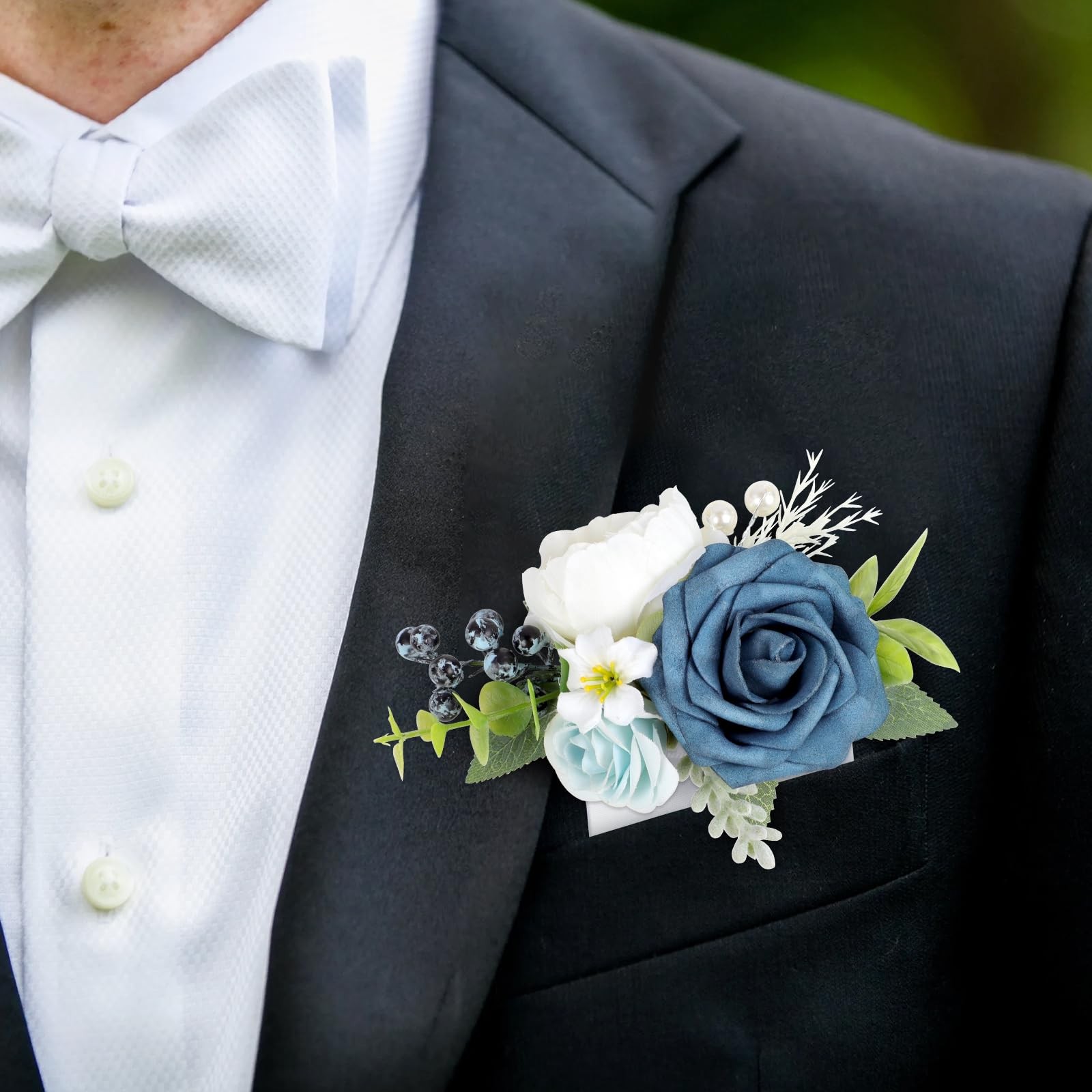 Dusty Blue Flowers Pocket Boutonniere Men Groom Groomsmen Wedding Party Prom