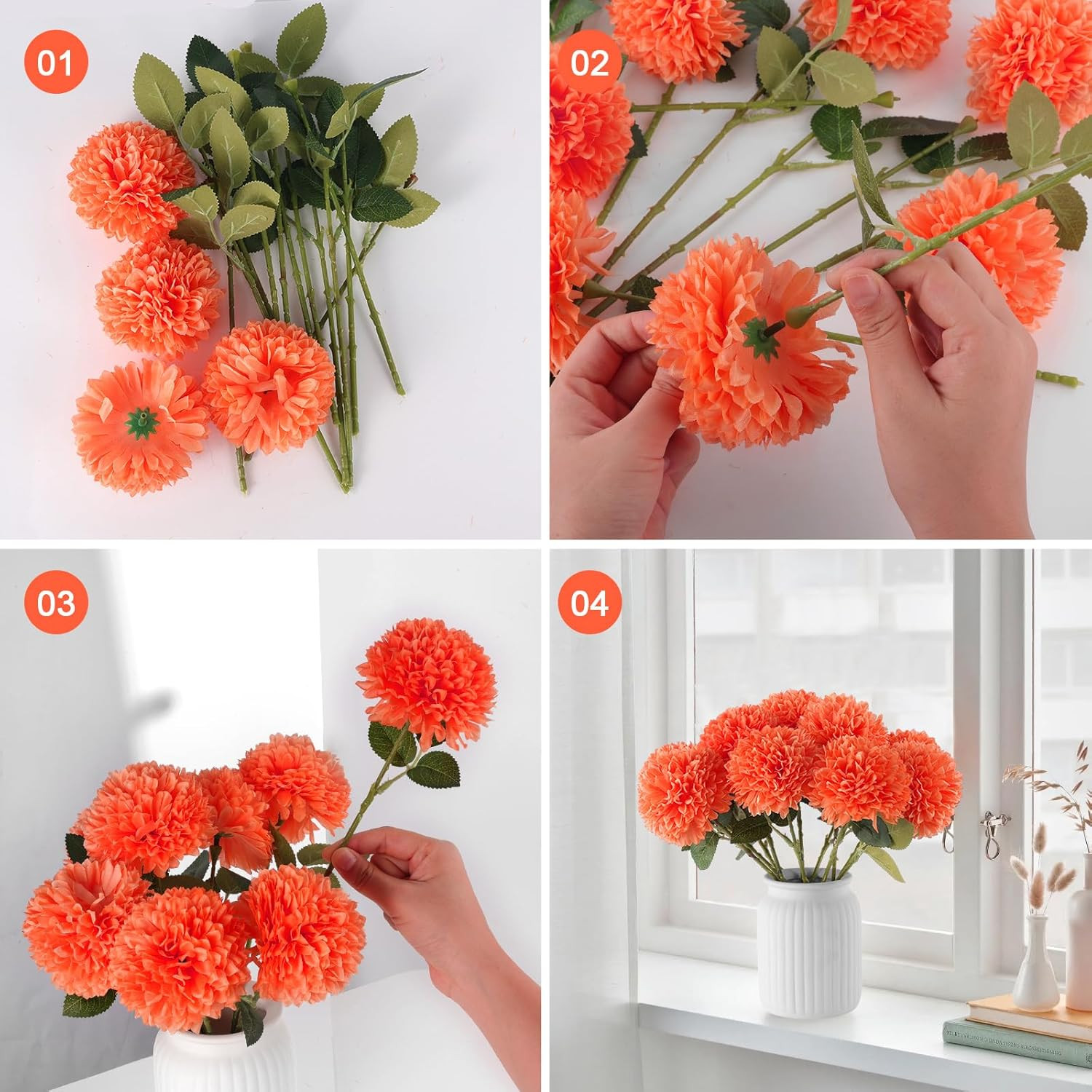 12 Pcs Artificial Chrysanthemums Flowers Marigolds Ball Flower, Orange Fake Mums