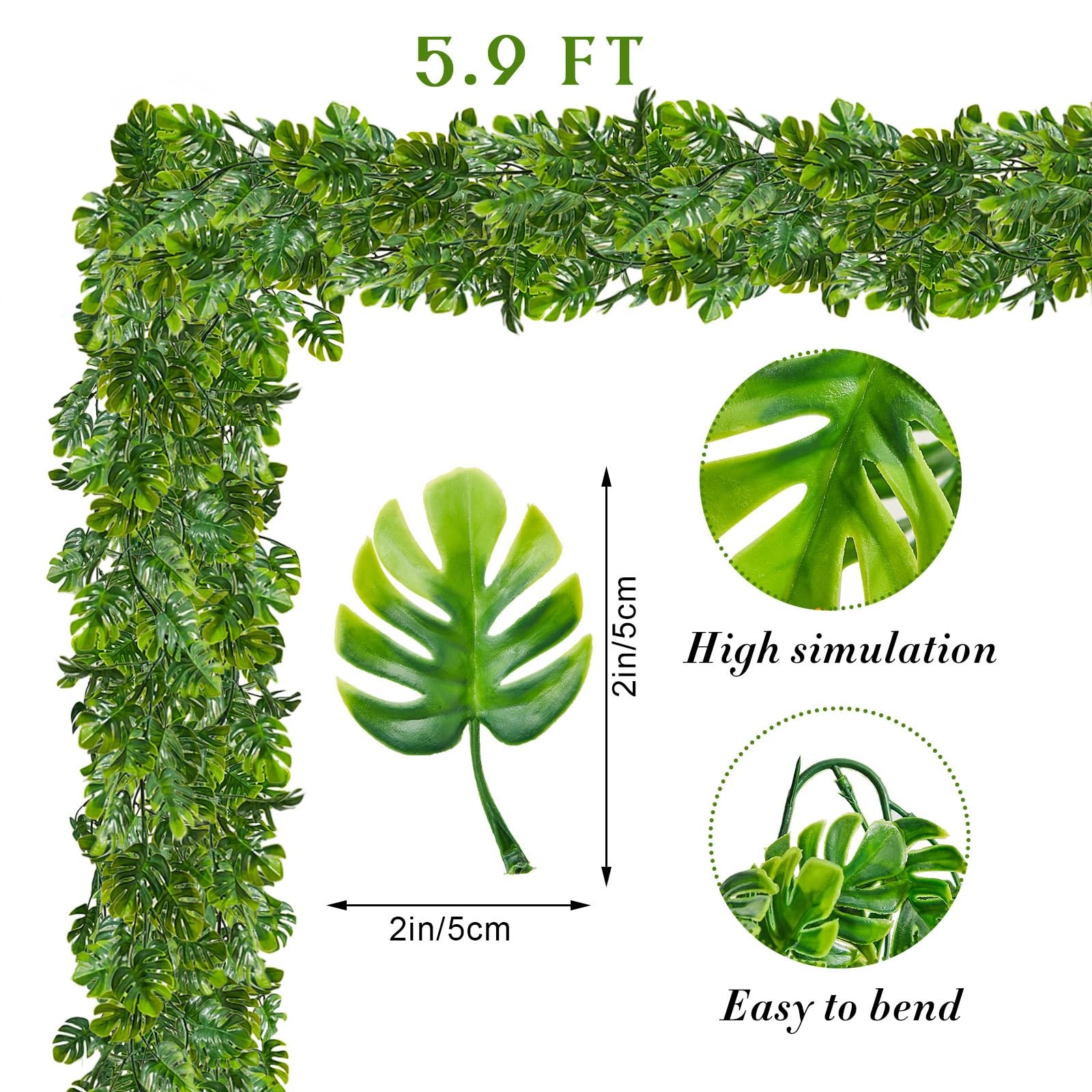 6 Pcs Artificial Monstera Leaf Vines 5.9 ft Fake Hanging Plant Ivy Tropical P…