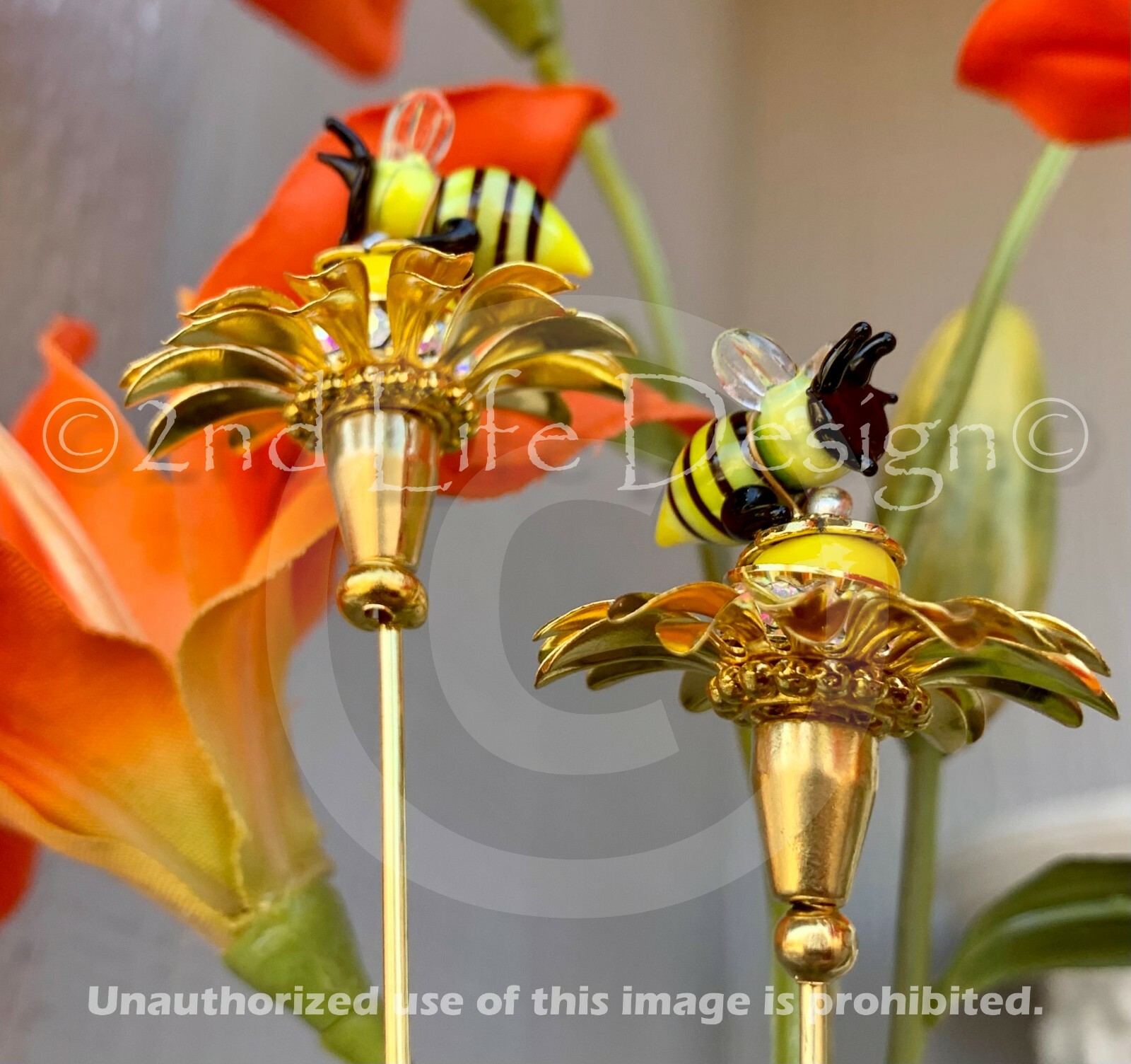 Glass Honey/Bumble Bee Gold Flower Decor Plant Stake/Spike Exquisite US HANDMADE