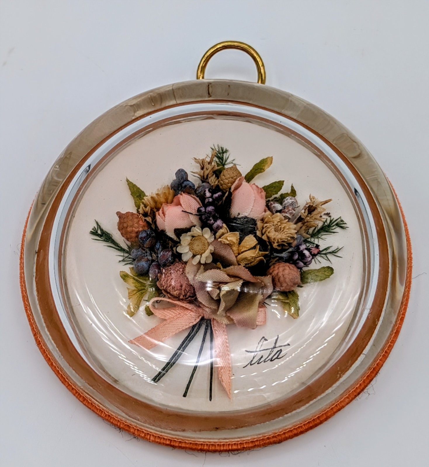 Vintage Lita Italy Pressed Flower Glass Dome Apricot Velvet 4.5”