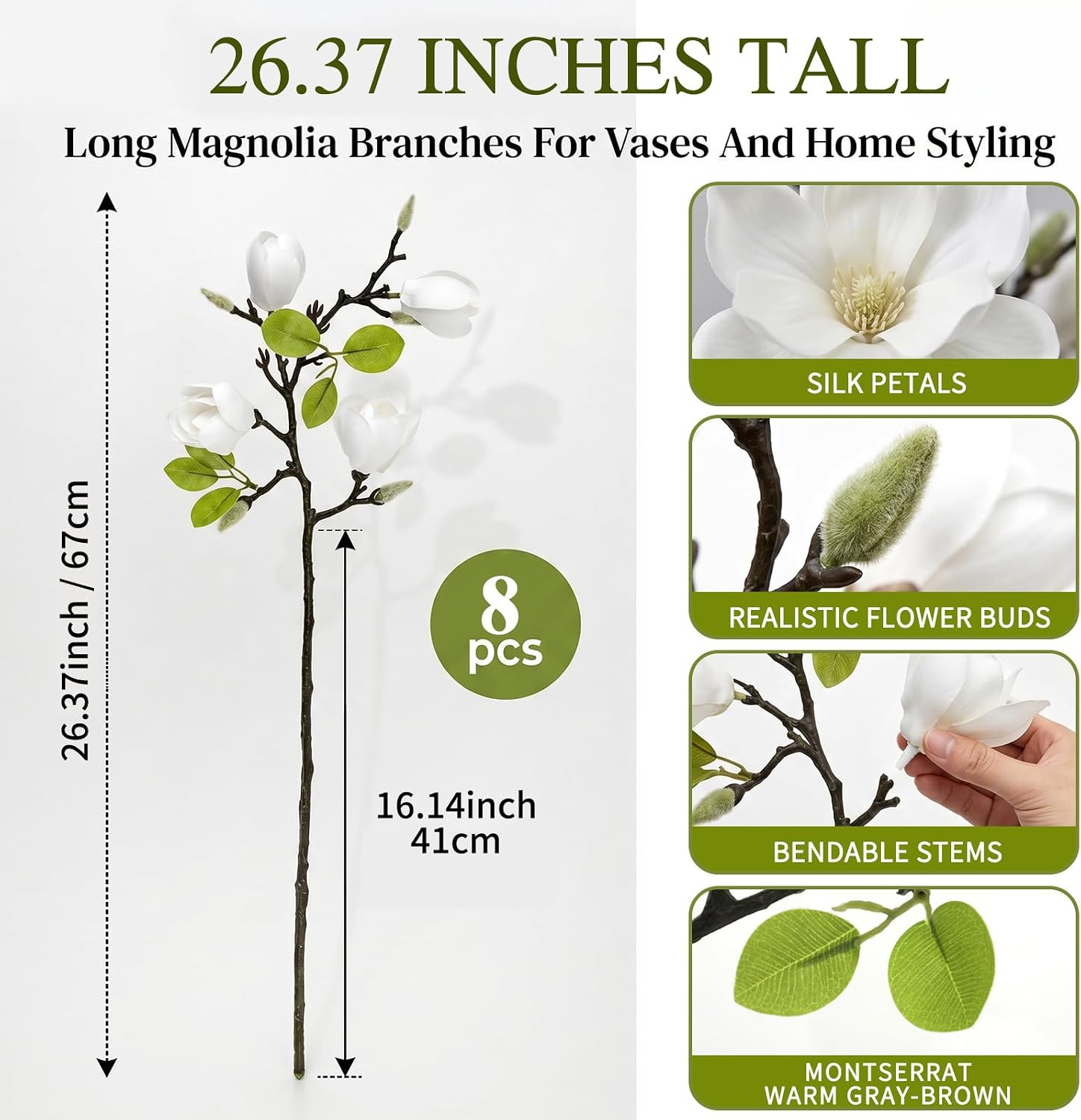 Set of 4 Artificial Magnolia Flowers, 25 Inch White Fake Flowers Branches | Real