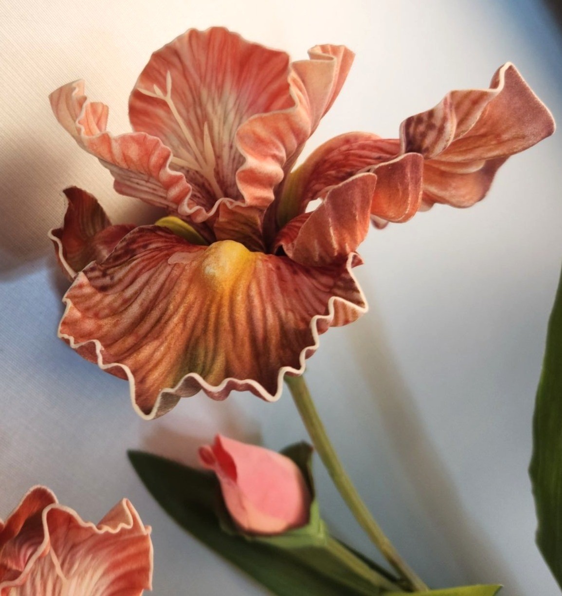 Luxury Artificial Iris Flower 33 Inch Tall Hand Painted Look Terracotta Pink Fau