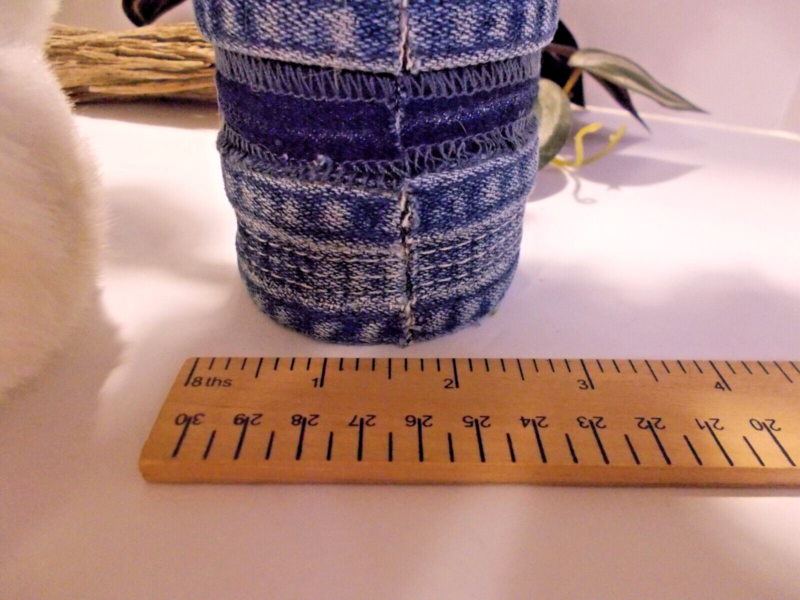 Handcrafted Denim 6 Rose Bouquet in Denim Seams Vase w Teddy Bear Upcycled Denim