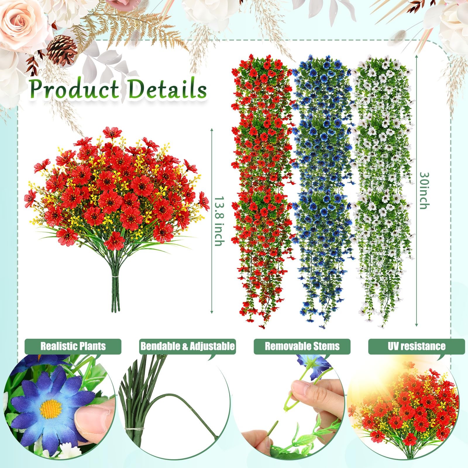 30 Pcs Red White and Blue Artificial Flowers for Outdoors, Faux Patriotic Flo…