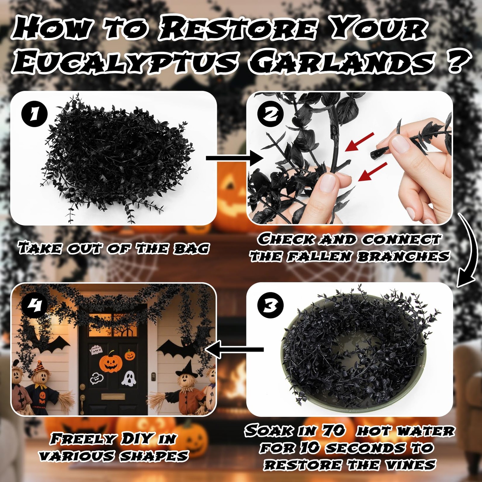 Black Halloween Garland for Mantle- 2PCS 5.9Ft Artificial Black Eucalyptus Ga…