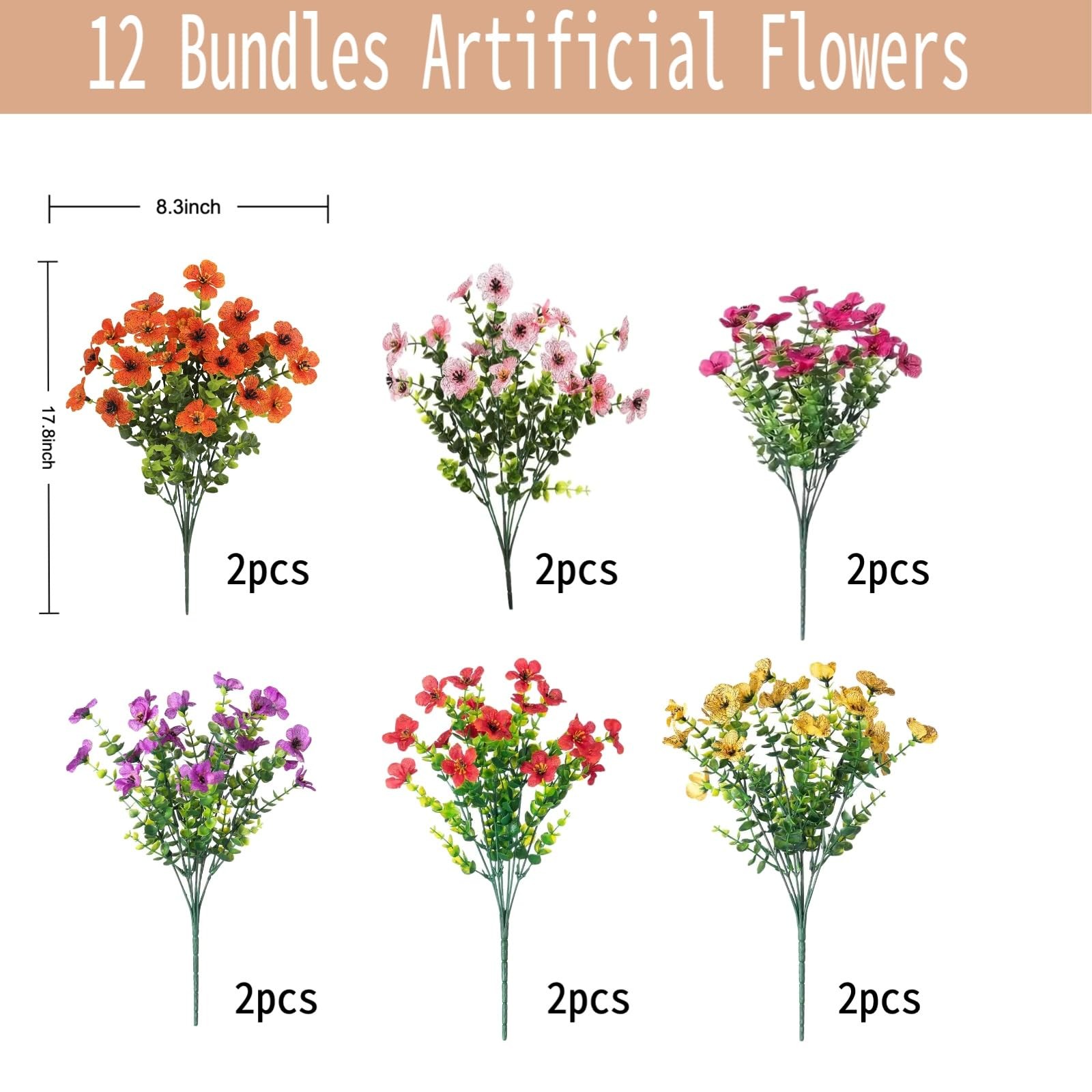 12 Bundles Artificial Flowers for Outdoors, UV Resistant Realistic Faux Silk …