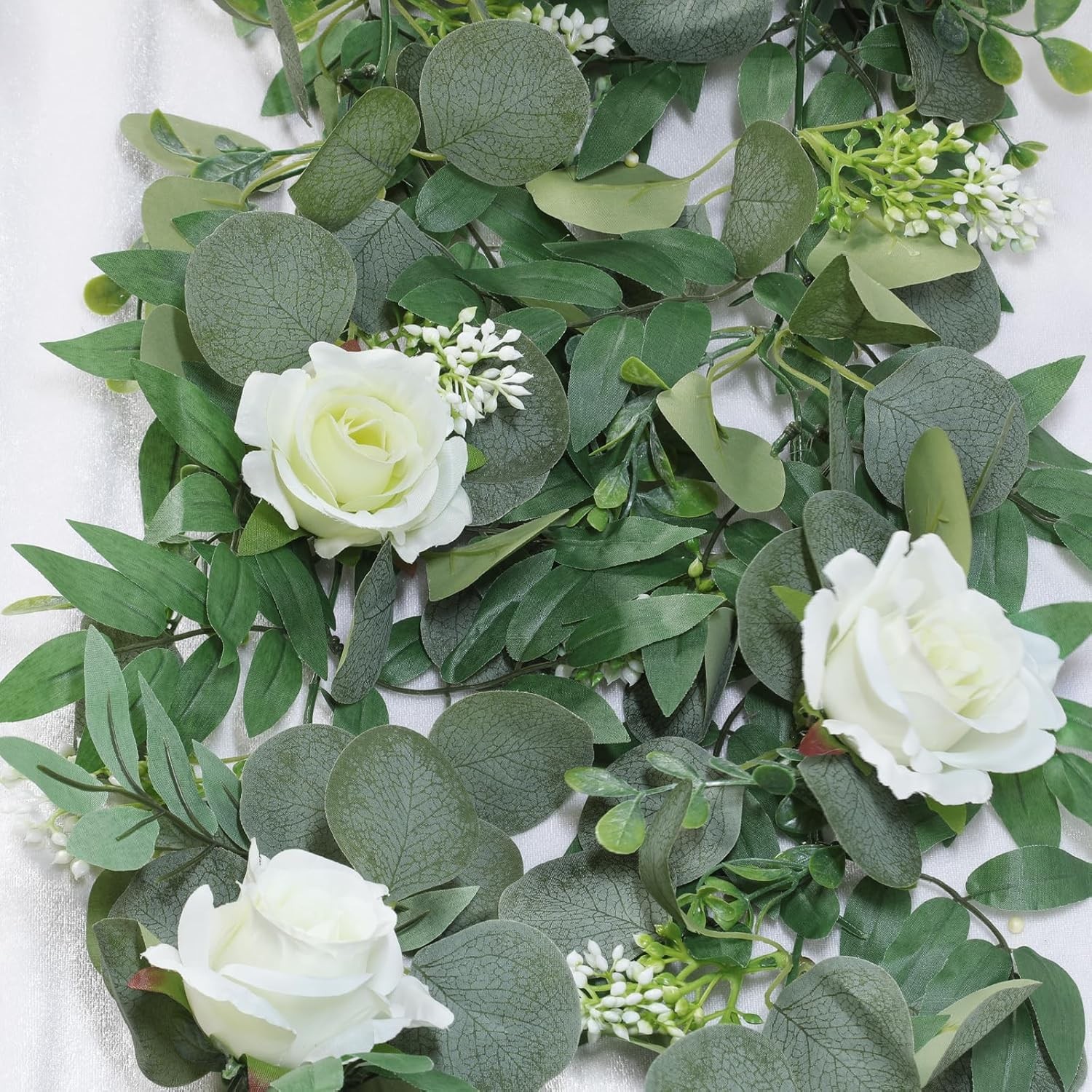2 Pack 13Ft Artificial Spring Eucalyptus Flower Garland with White Roses, Fake F