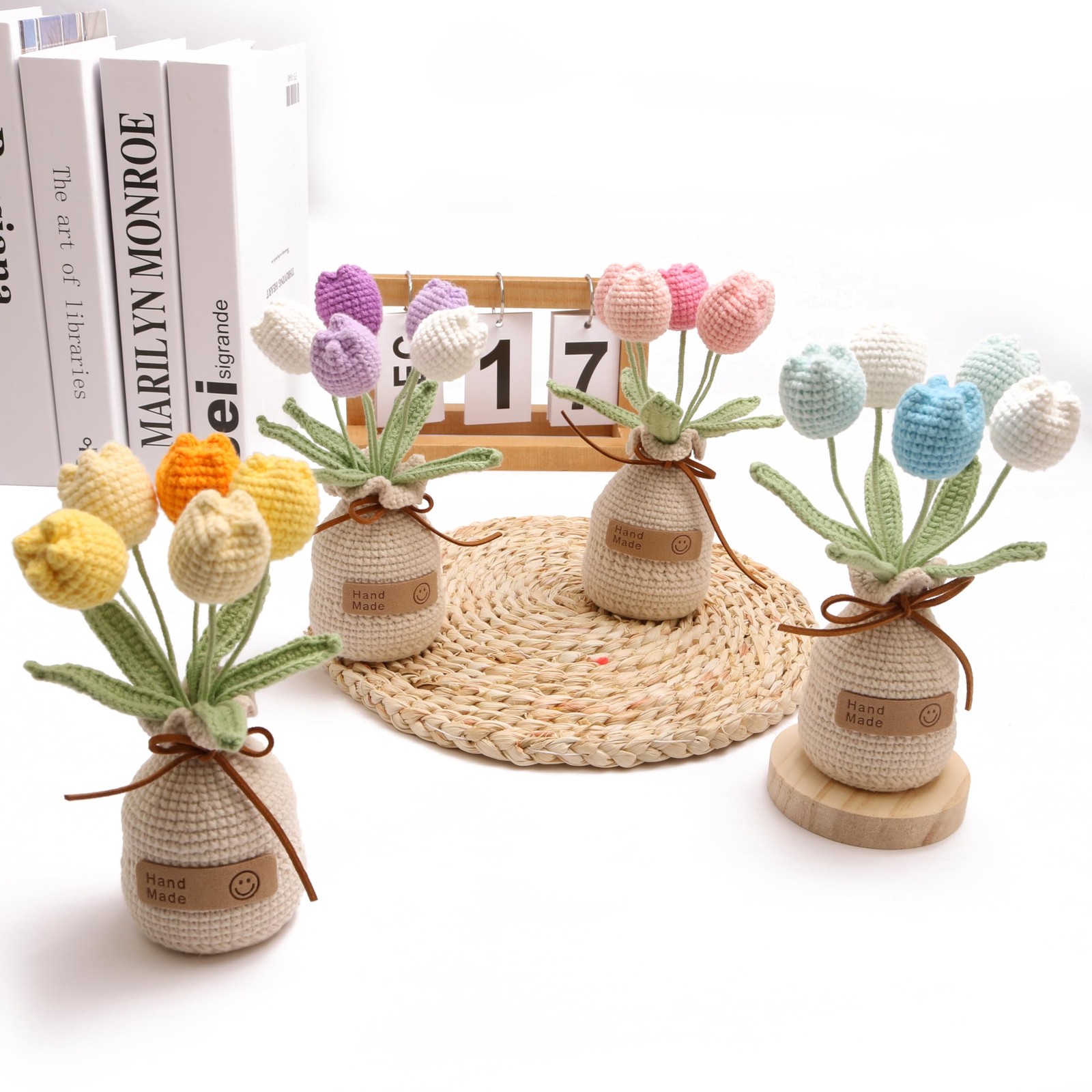 5 PCS Pink Crochet Woven Tulip With Wool Simulation Plant Home Office Decor