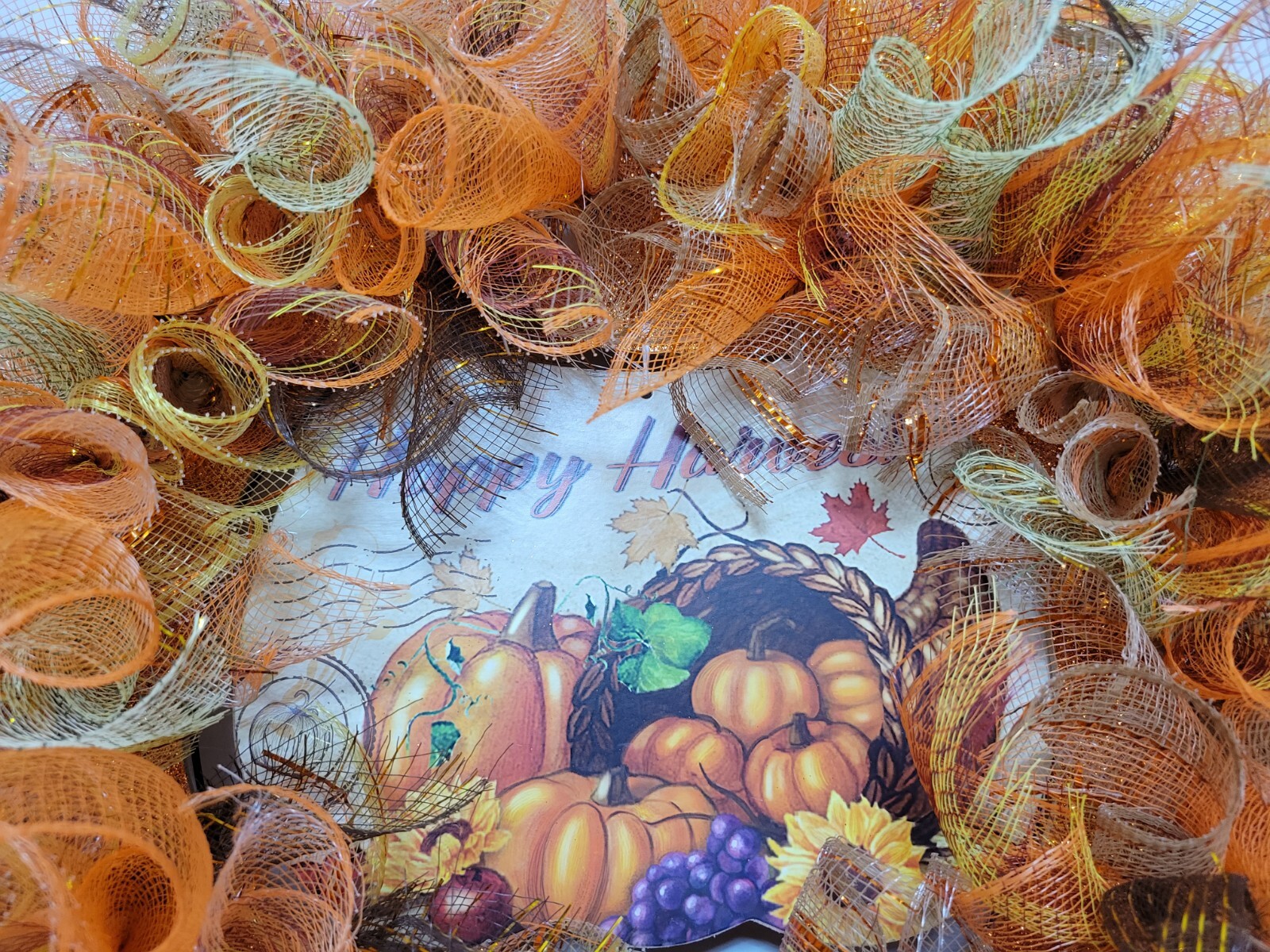HAPPY HARVEST autumn Spring Mesh Front Door Wreath Wall Decor Bright colors