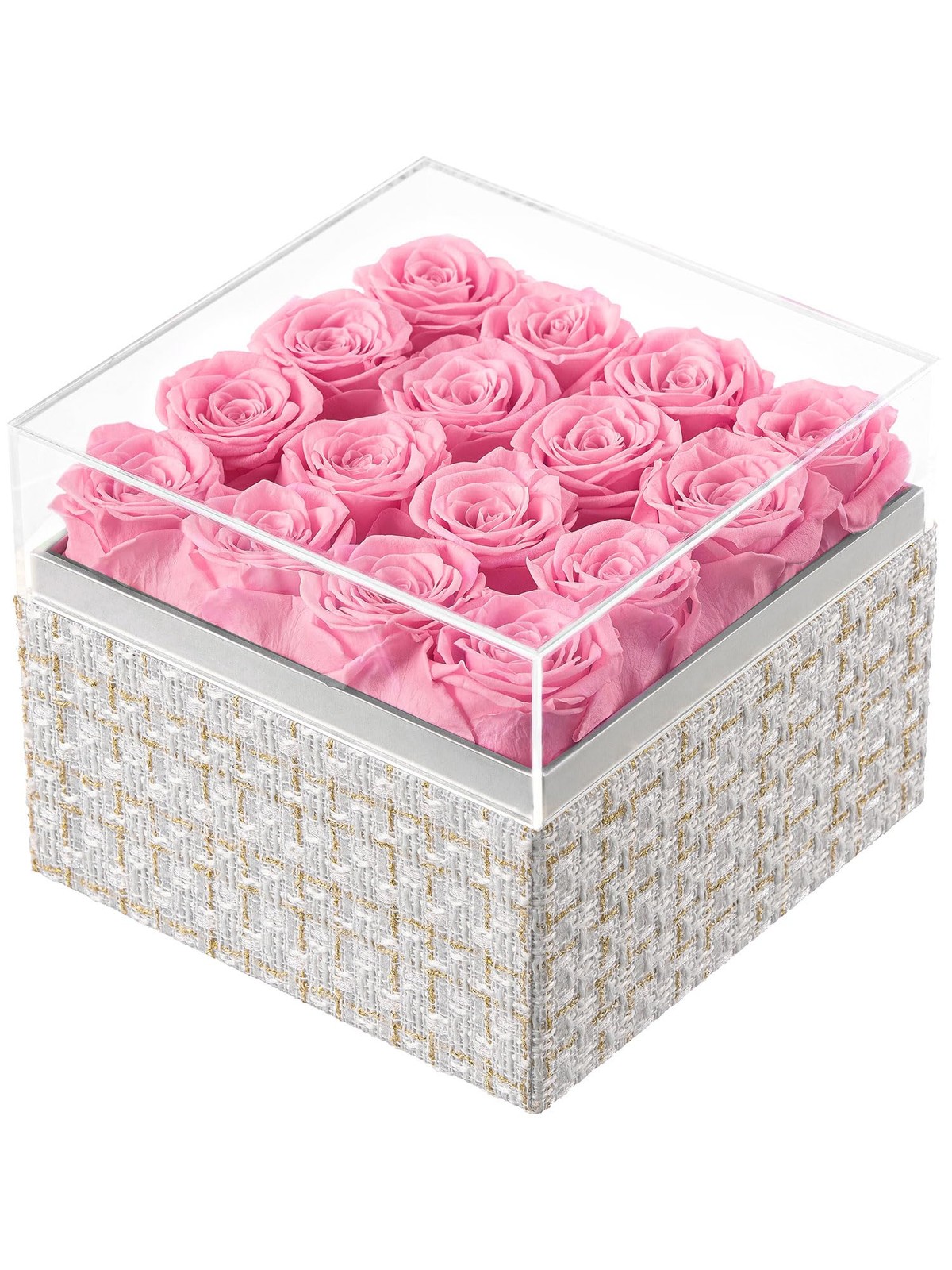 16 PCS Pink Preserved Real Roses Square Gold White Plaid Box Forever Flowers