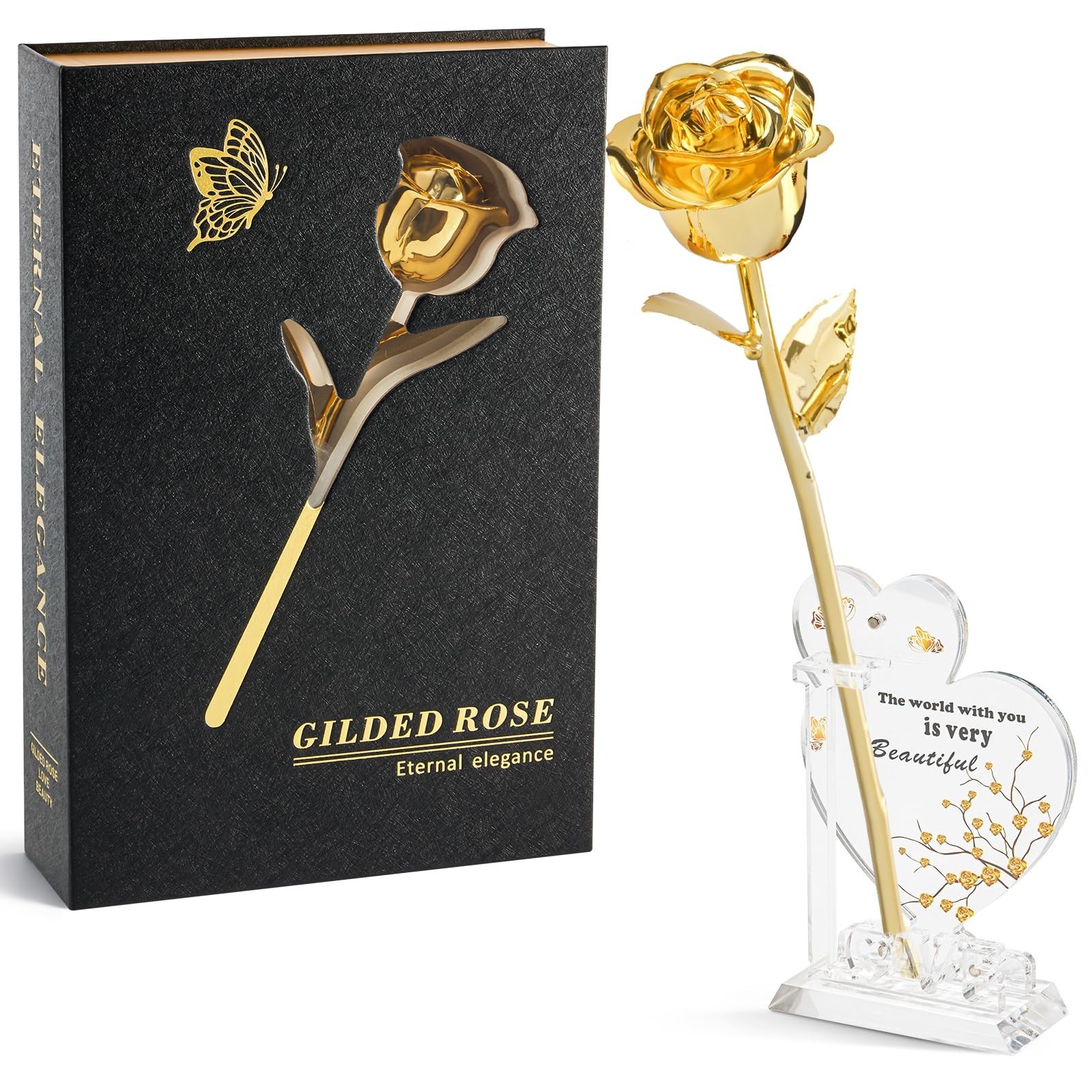 Luxury 24K Gold Dipped Rose Gift Set with Acrylic Butterfly Base & Gift Box – Pe