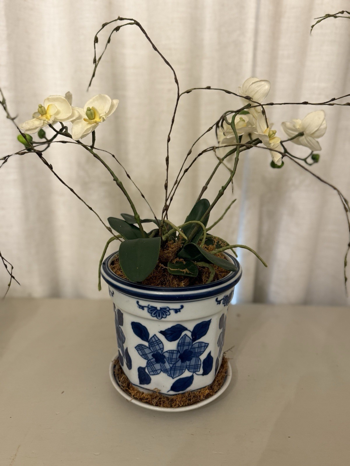 16″ Faux White Orchid Artificial Floral Arrangement Blue White Chinoiserie Pot