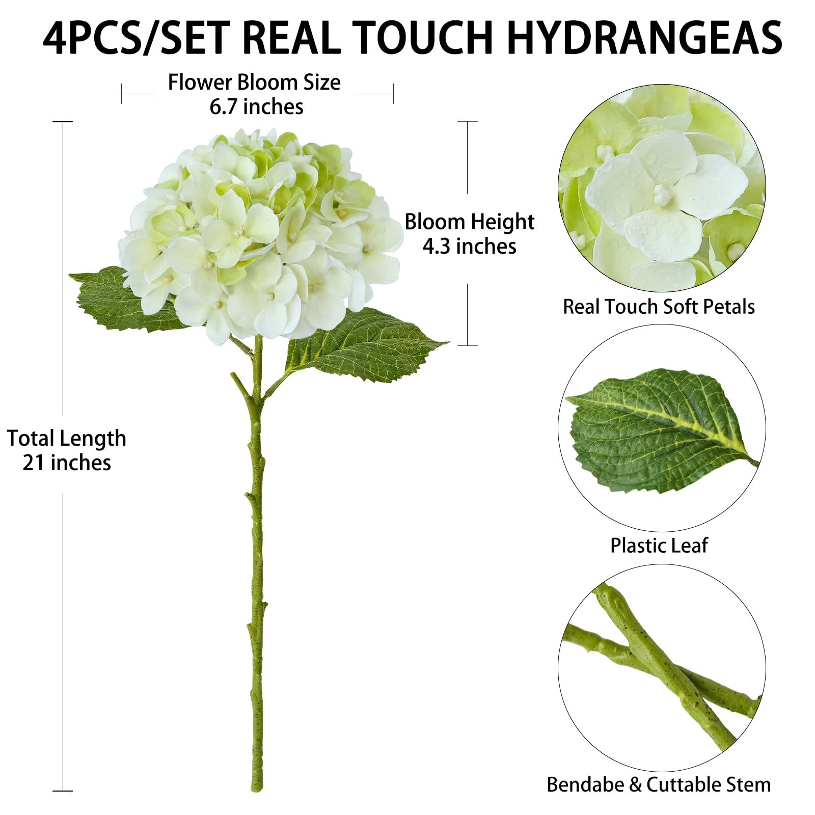 SUMTIPHUN 4 Pcs White/Green Real Touch Hydrangeas Artificial Hydrangeas Flowers