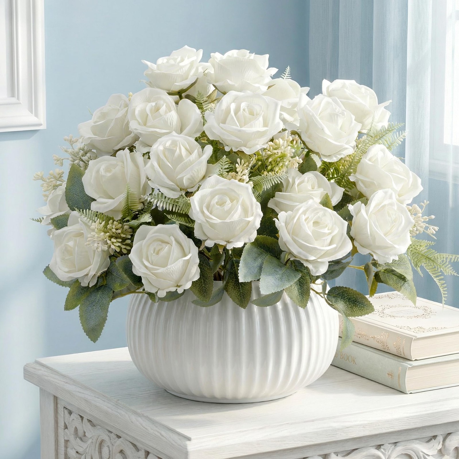 Artificial White Roses – 24 Silk Faux Flowers with Stems for Home Decor, Wedding