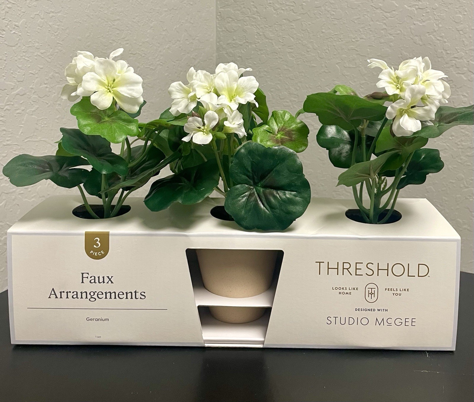 Fake plants, set of three geranium arrangement, green and white floral decor