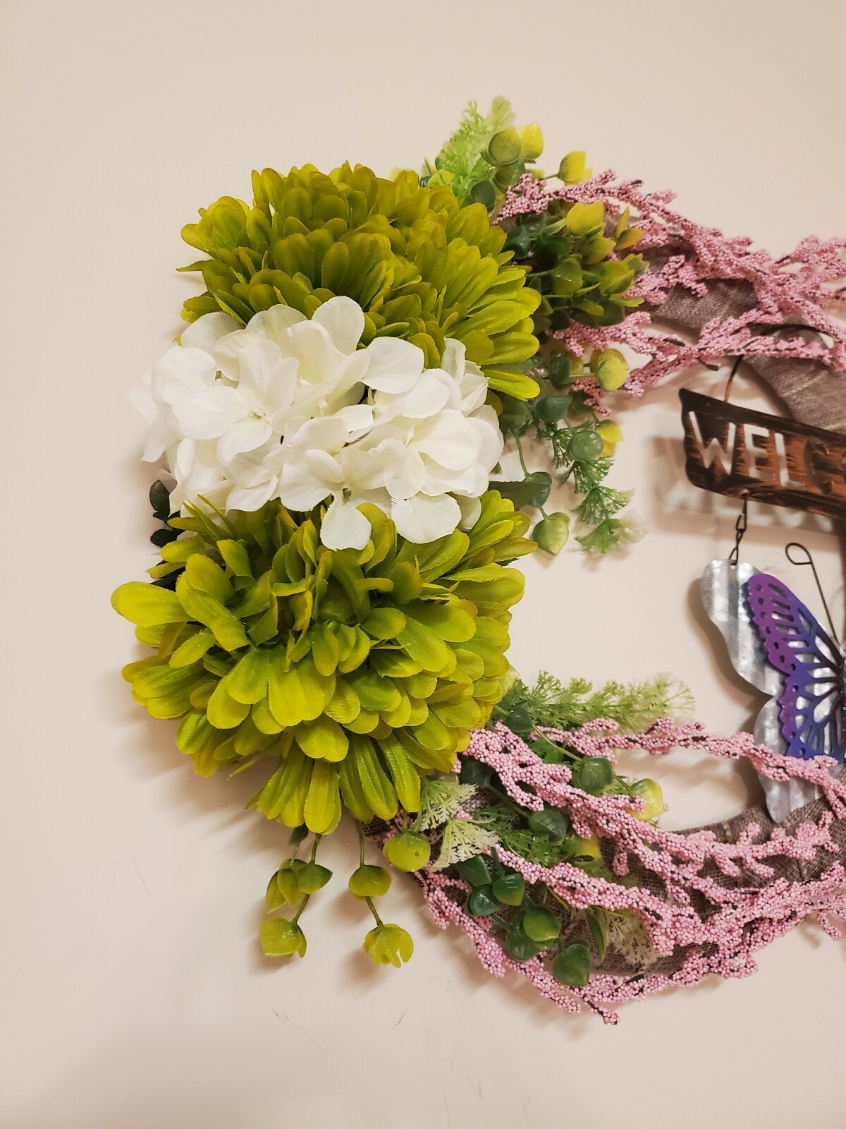 WELCOME fall spring Wreath green white pink FLOWER beige burlap Decor Front Door