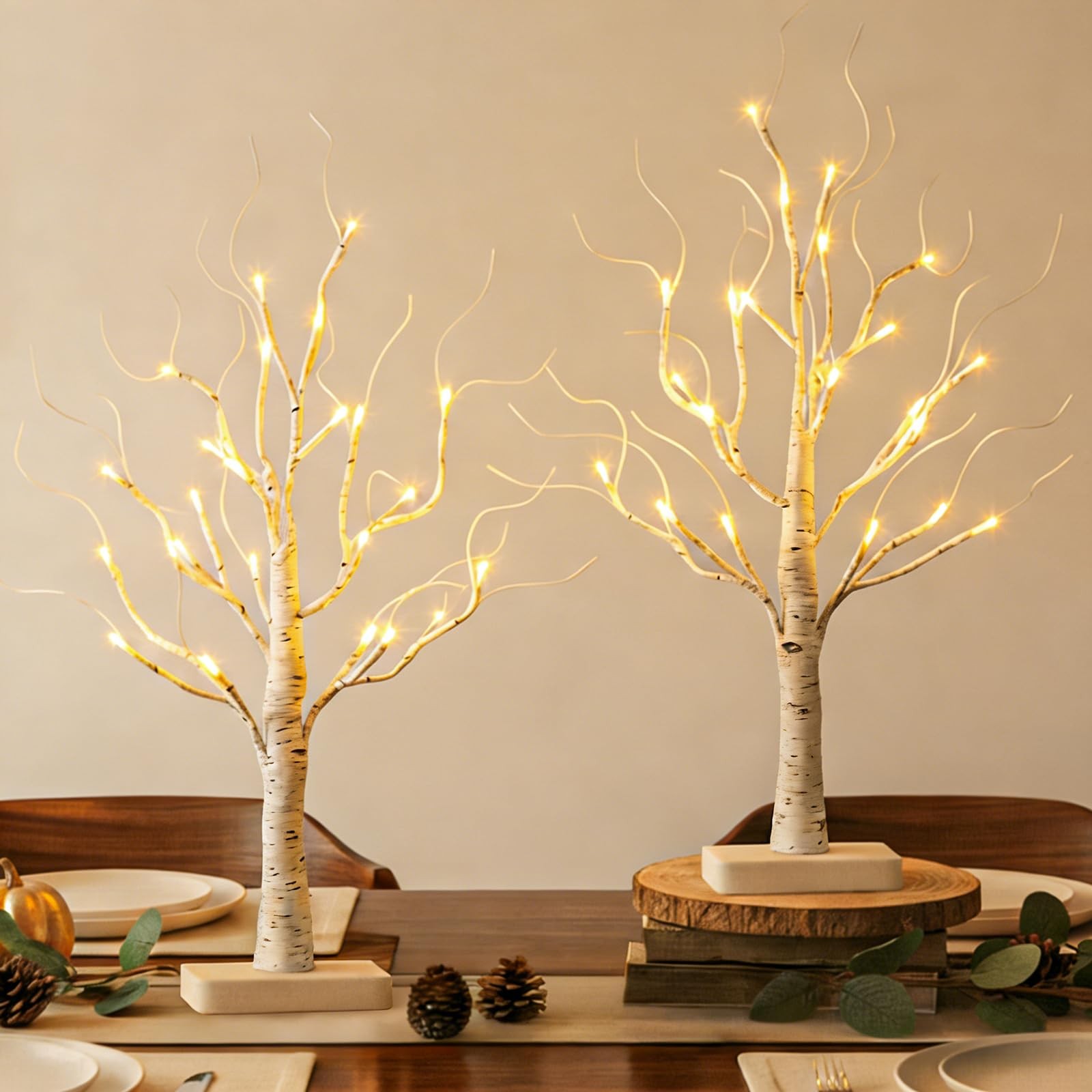2 PCS Lighted Birch Tree 24 LED Tabletop Centerpiece Battery Timer Decor