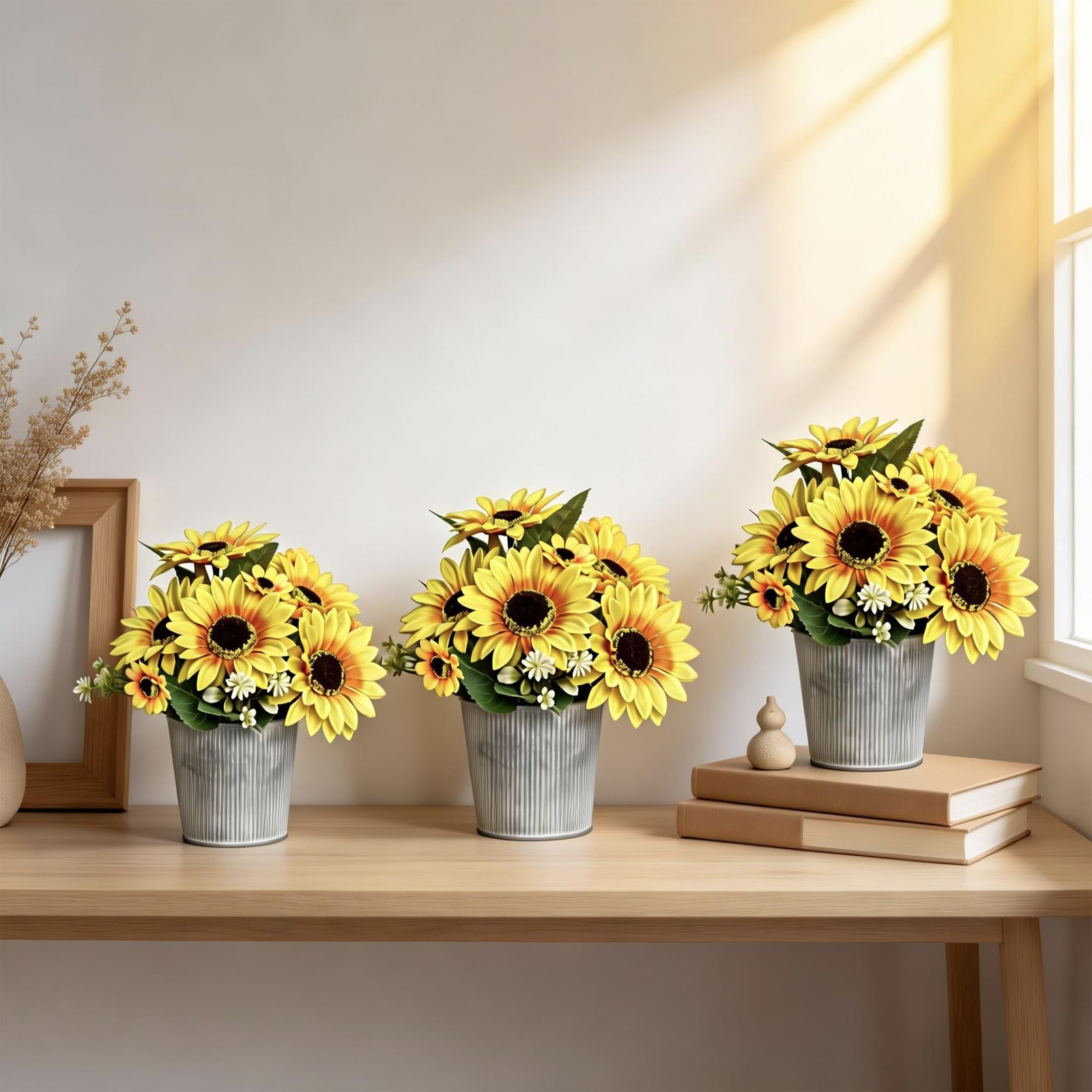 Artificial Sunflower Arrangement 3 Pack Faux Daisy Greenery Galvanized Pot Farmh