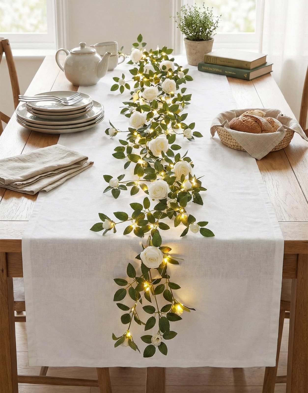6FT White Rose Artificial Flower Garland with LED String Lights, Bendable Flo…