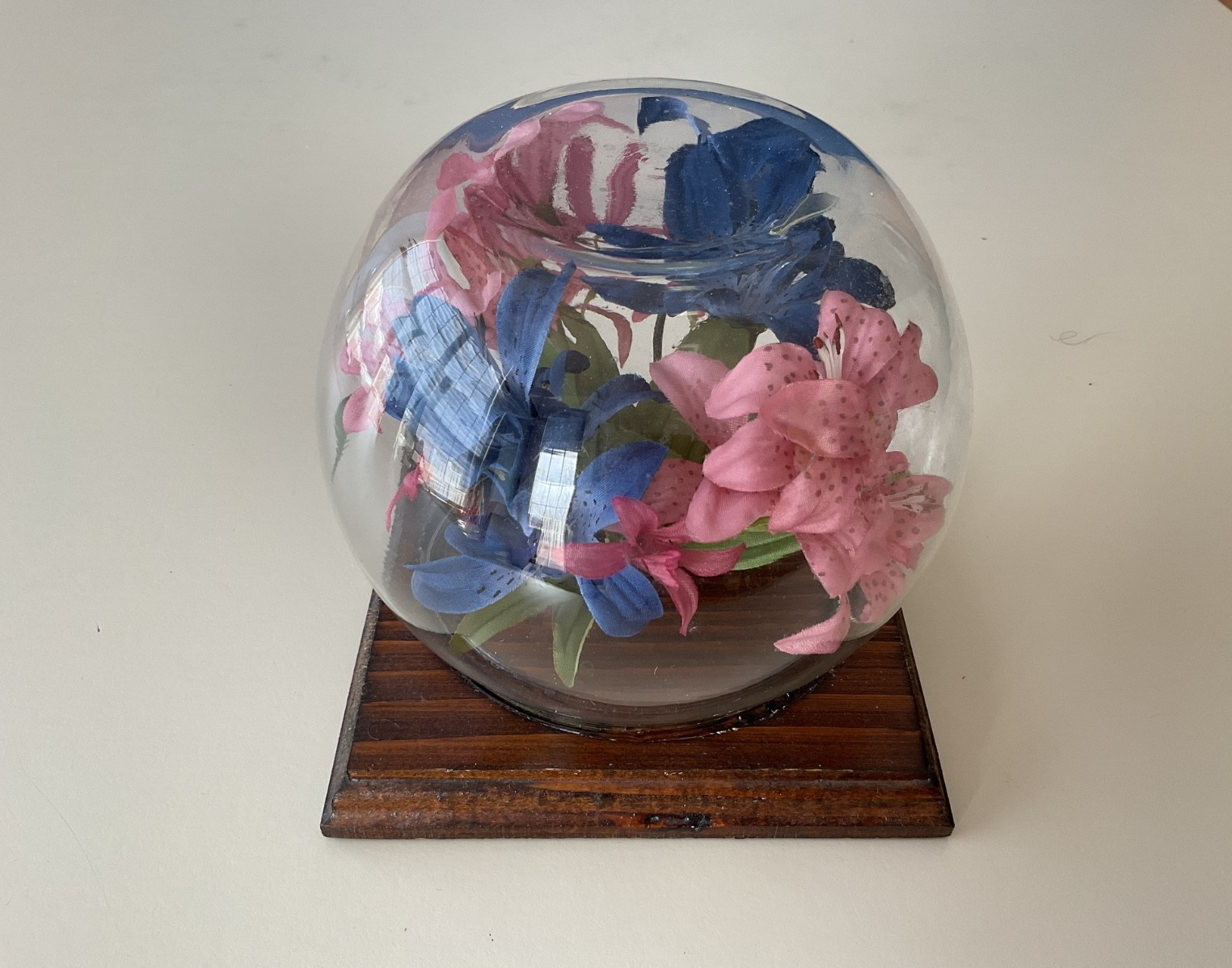 Faux Flowers Clear Dome Cover Wood Base Centerpiece Decor Blue/Pink Floral