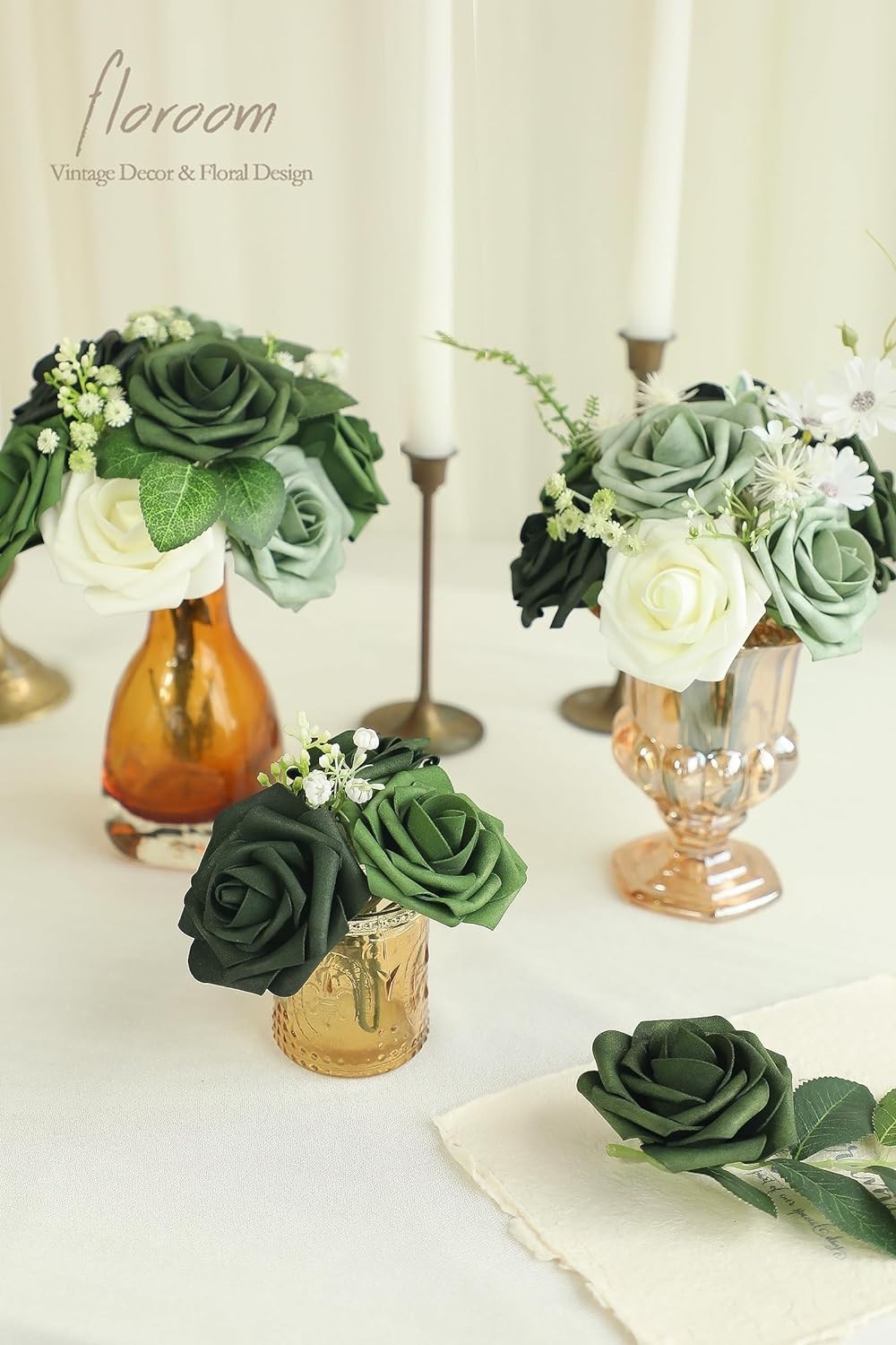 Artificial Flowers 25pcs Real Looking Forest Green Ombre Colors Foam Fake Ros…