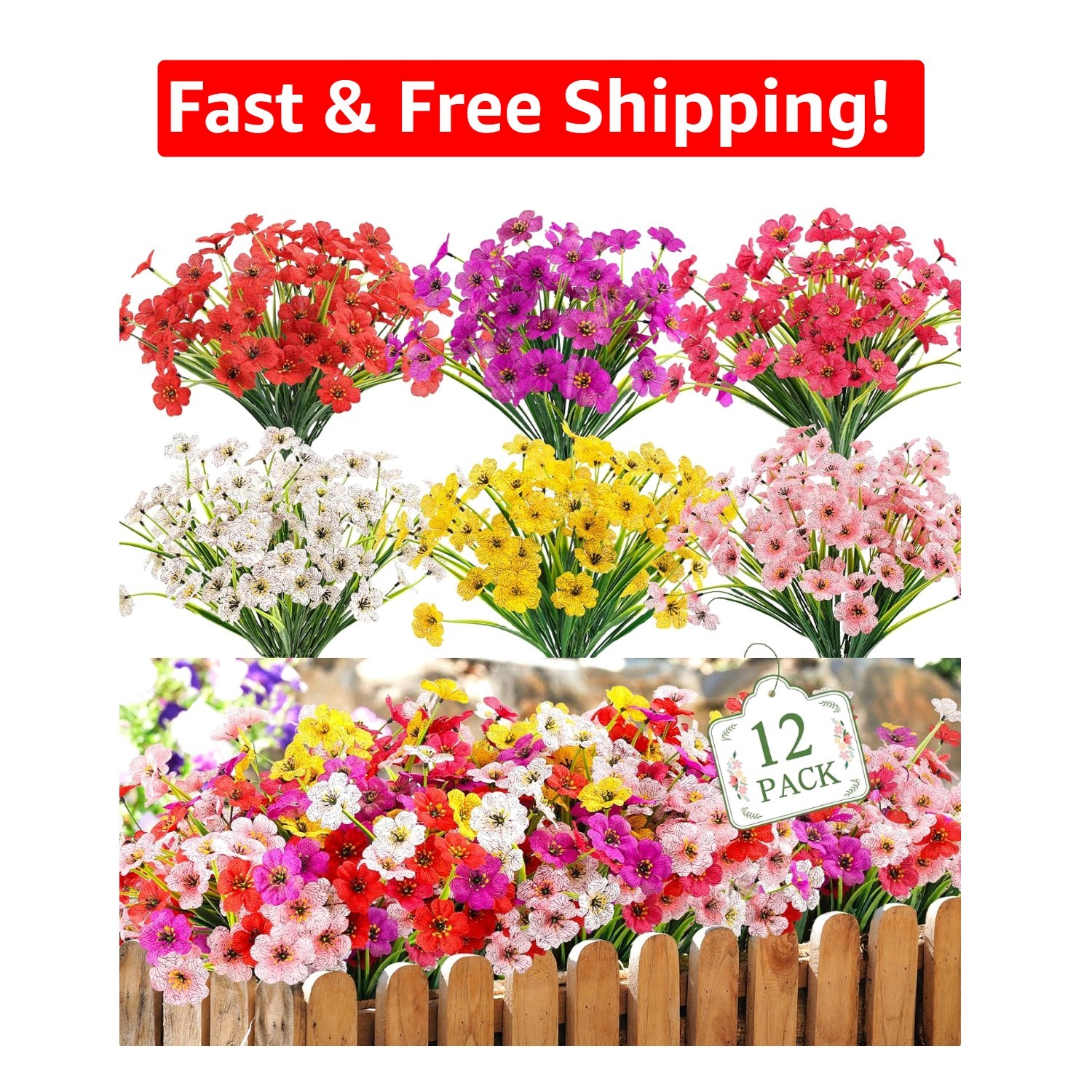 Maintenance-Free Faux Plastic Flowers – 12 Bundles for Indoor & Outdoor Elegance