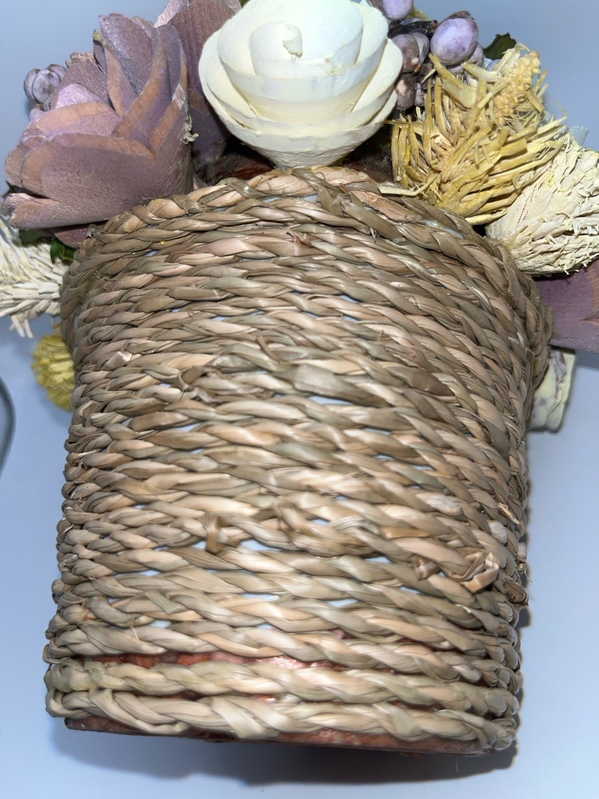 Sola Wood Rose Floral Arrangement Lavender Mauve Ivory Faux Flower Weave Basket