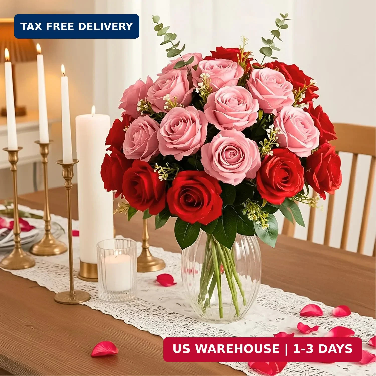 Auihiay 14PCS Red Roses Artificial Flowers, Fake Red Roses Bouquet with Long Ste