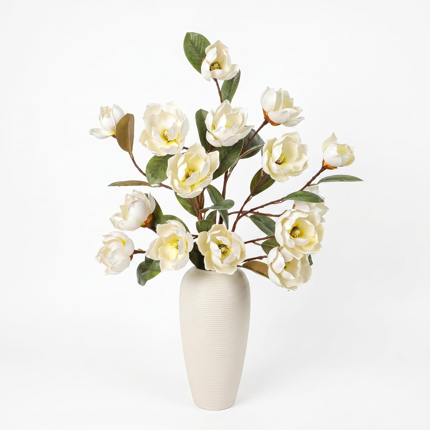 Realistic White Magnolia Faux Flowers with Green Leaves – 3 Pcs for Decor