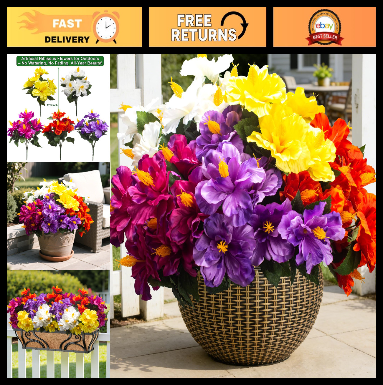 5 Bundles UV Resistant Artificial Hibiscus Flowers – Realistic Silk Tropical Dec