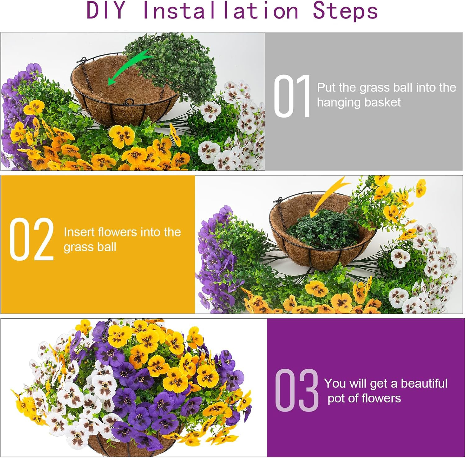 2 Sets Artificial Hanging Pansy Flowers with Baskets, 24 Pcs UV Resistant Faux S