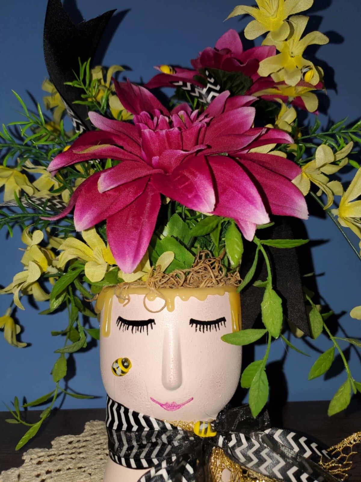 Handmade Floral Arrangement Whimsical Planter Bumble Bee Fushia Yellow Forsythia