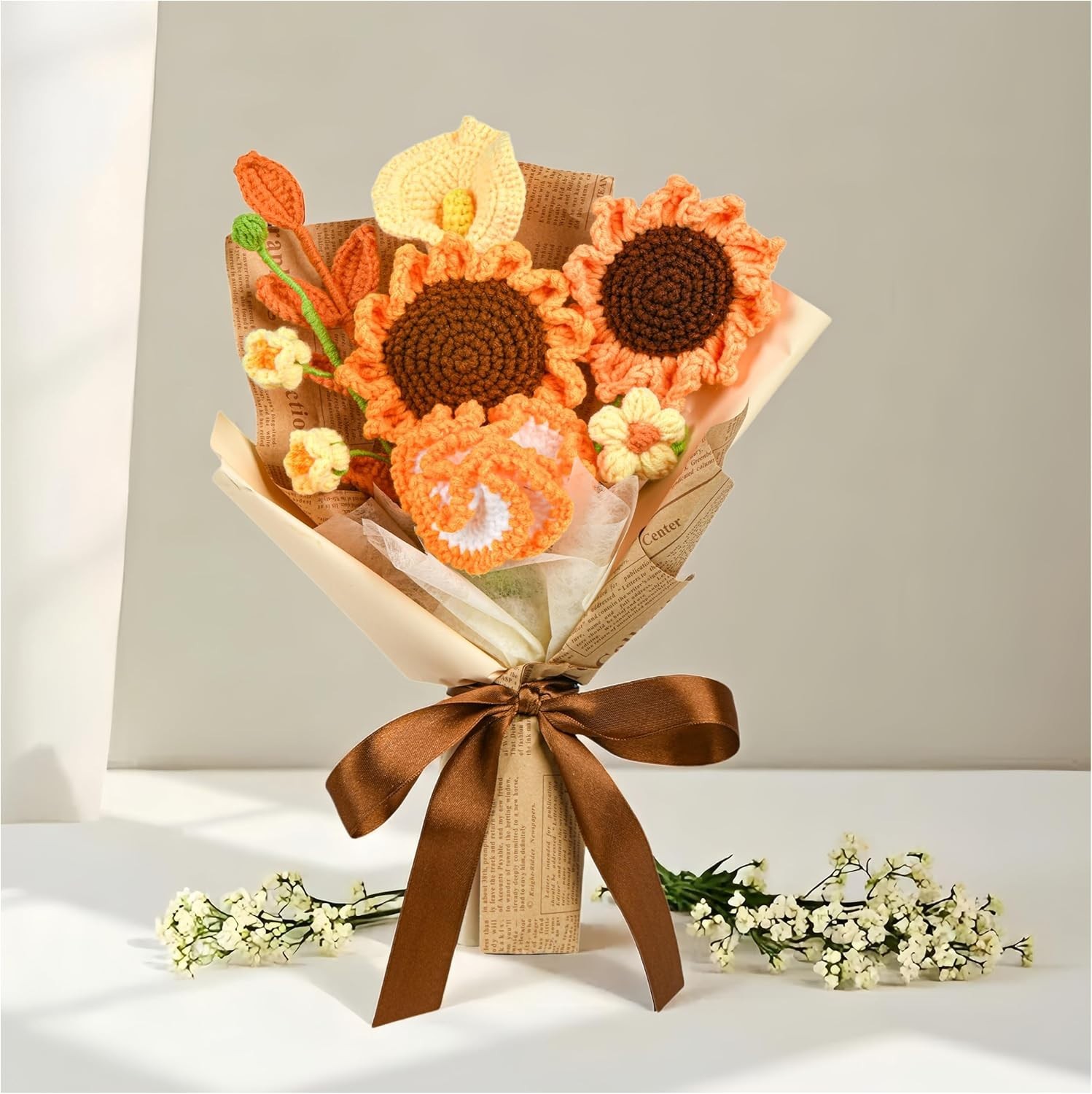 Handmade Crochet Bouquet with Sunflower Lily of the Valley Calla Lily Carnation