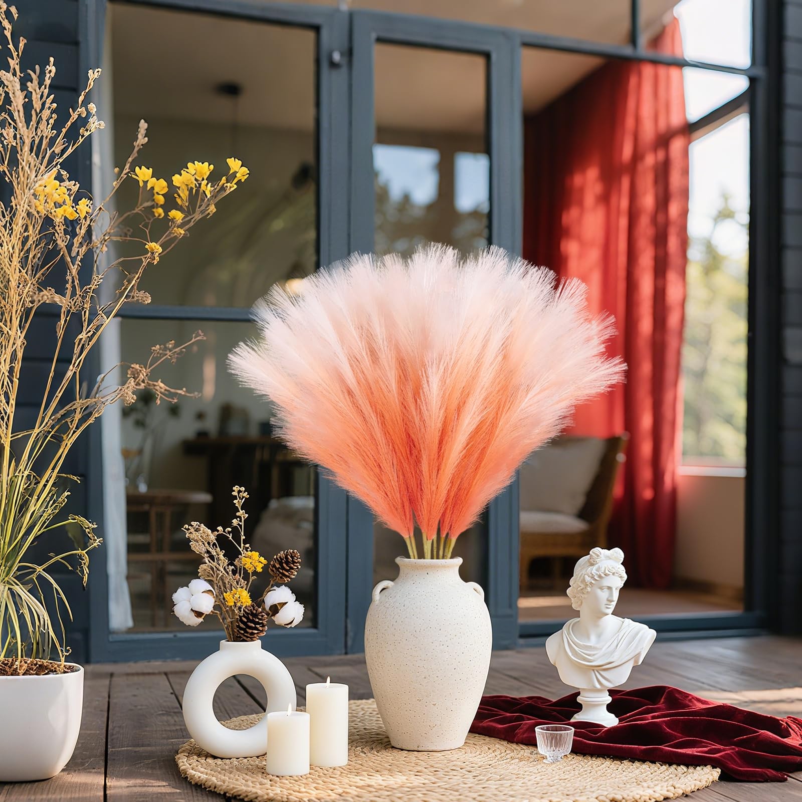 8Pcs Orange Faux Pampas Grass Tall Decor, 35.4” Fluffy Artificial Pompous Gra…