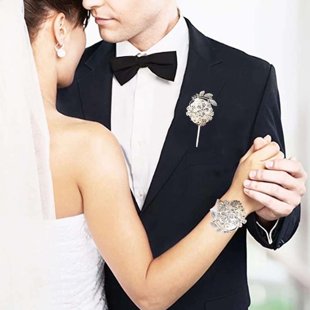 Wrist Corsage Pearl Rhinestone Boutonniere Set Wedding Prom Silver White